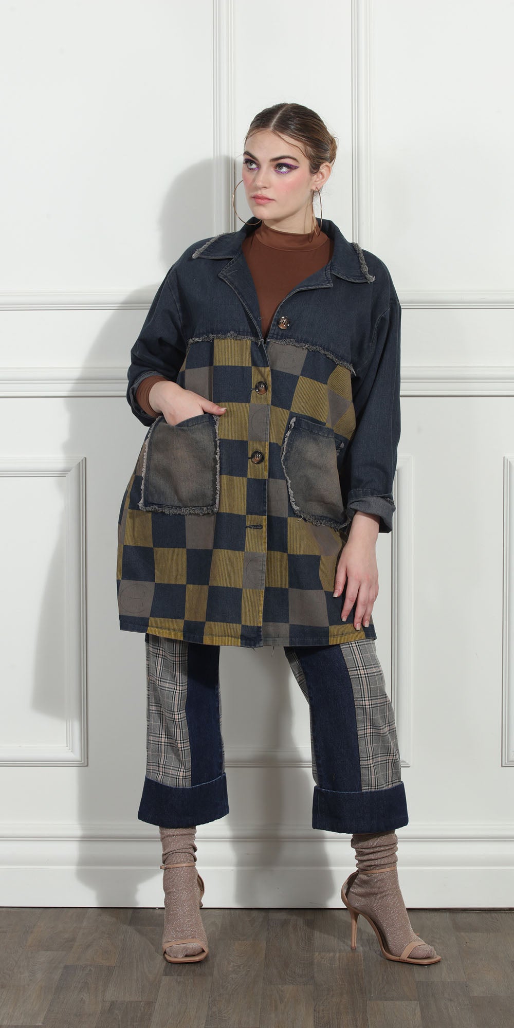 Luxe Moda LM274 - Denim - Checker Print Denim Jacket