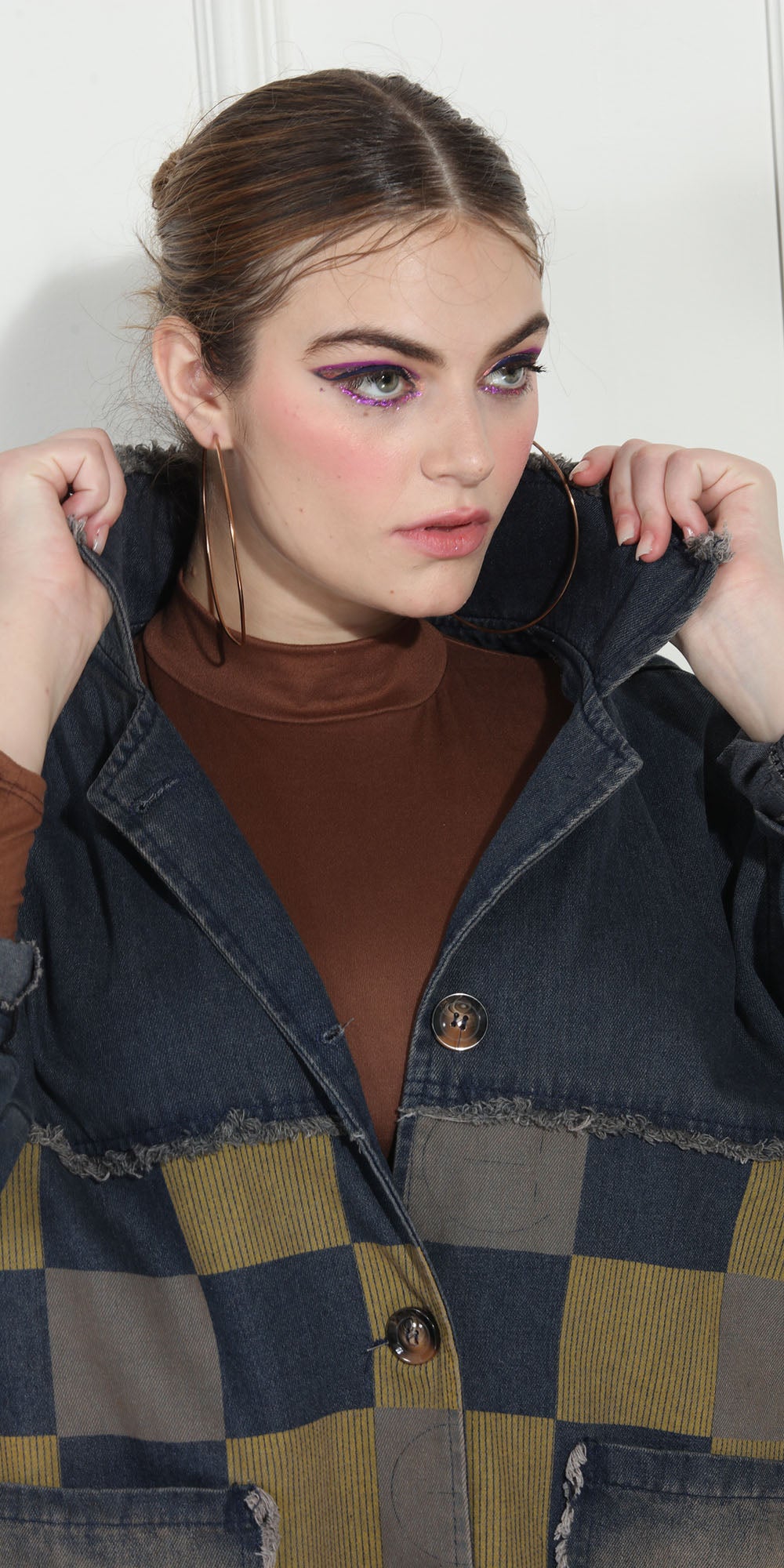 Luxe Moda LM274 - Denim - Checker Print Denim Jacket