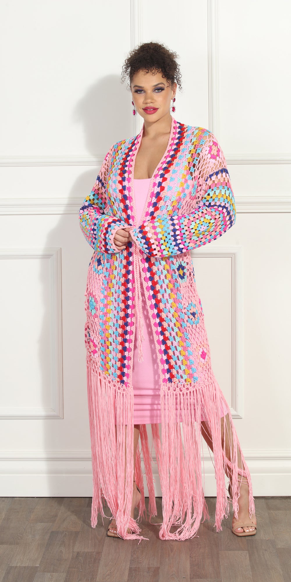 Luxe Moda LM281 - Pink Multi - Long Cardigan with Fringe