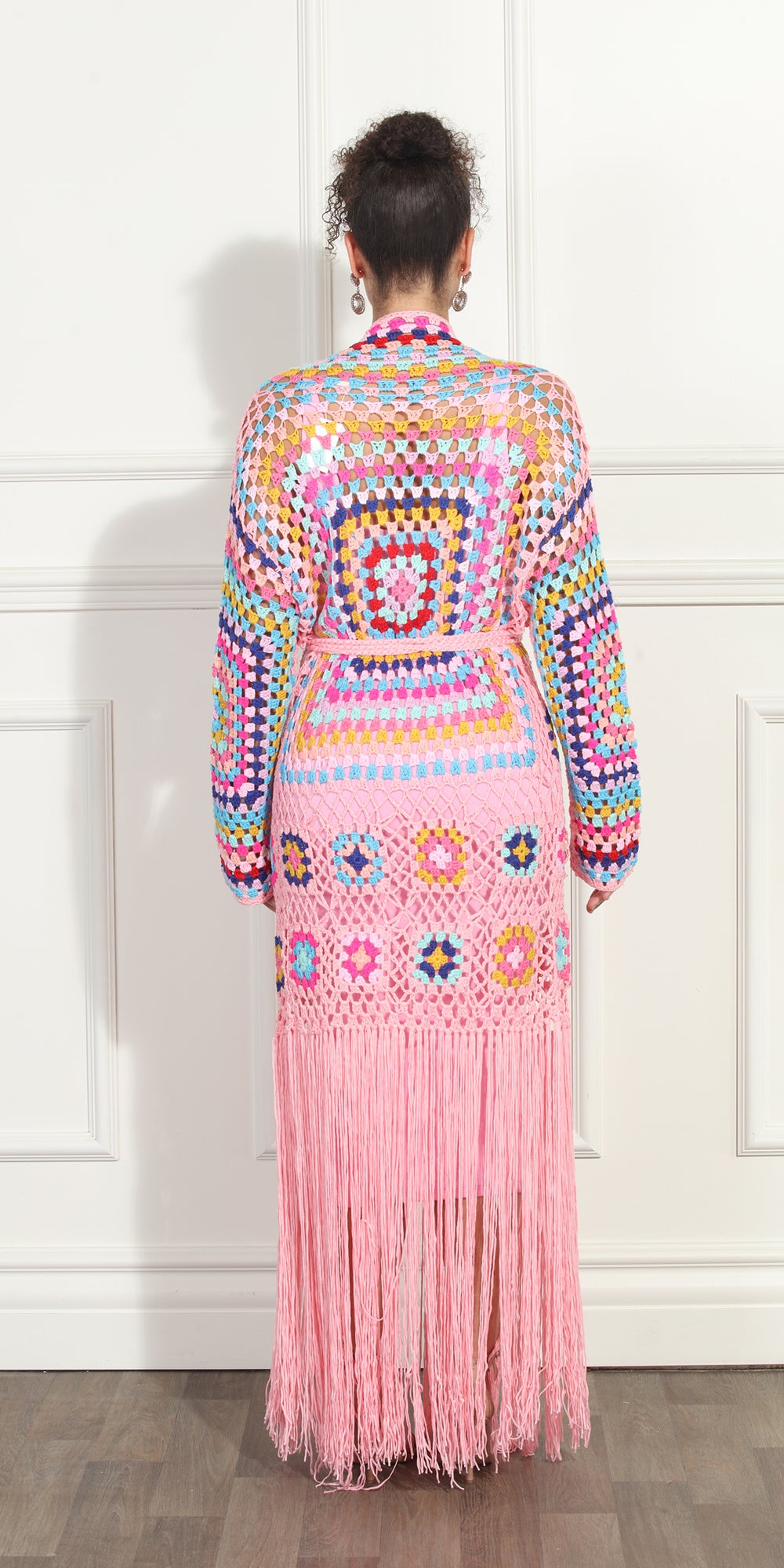 Luxe Moda LM281 - Pink Multi - Long Cardigan with Fringe