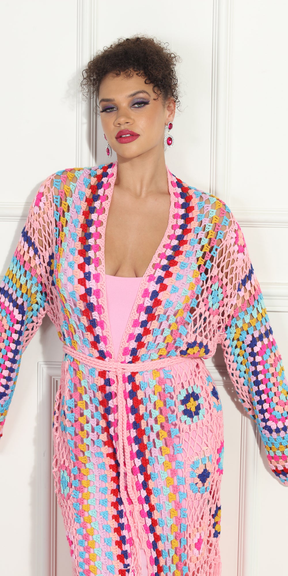 Luxe Moda LM281 - Pink Multi - Long Cardigan with Fringe