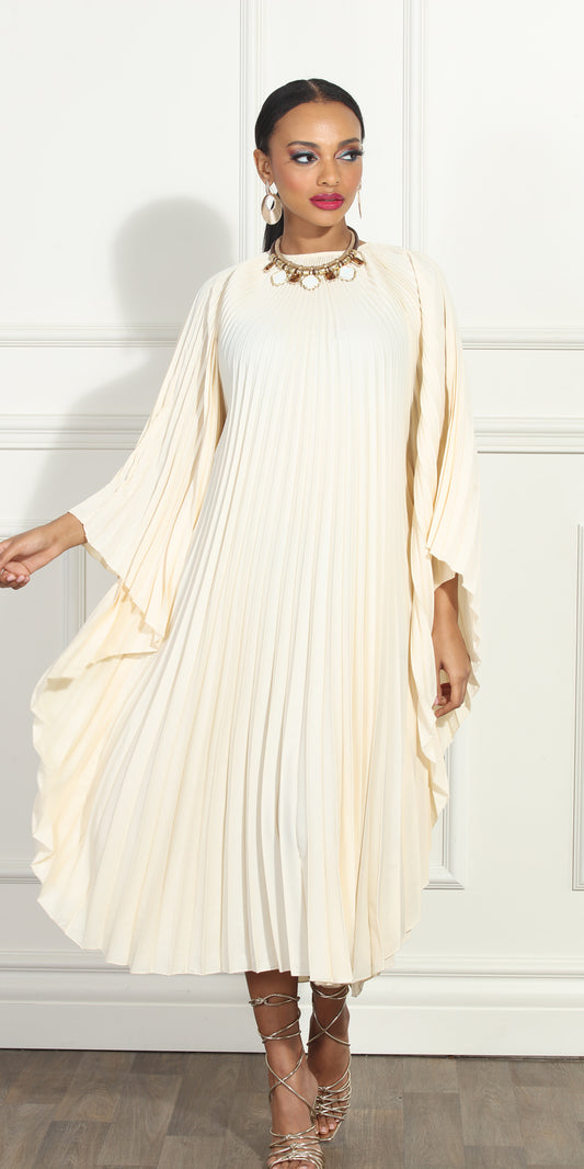 Luxe Moda LM301 - Beige - Pleated Dress with Flare Sleeves