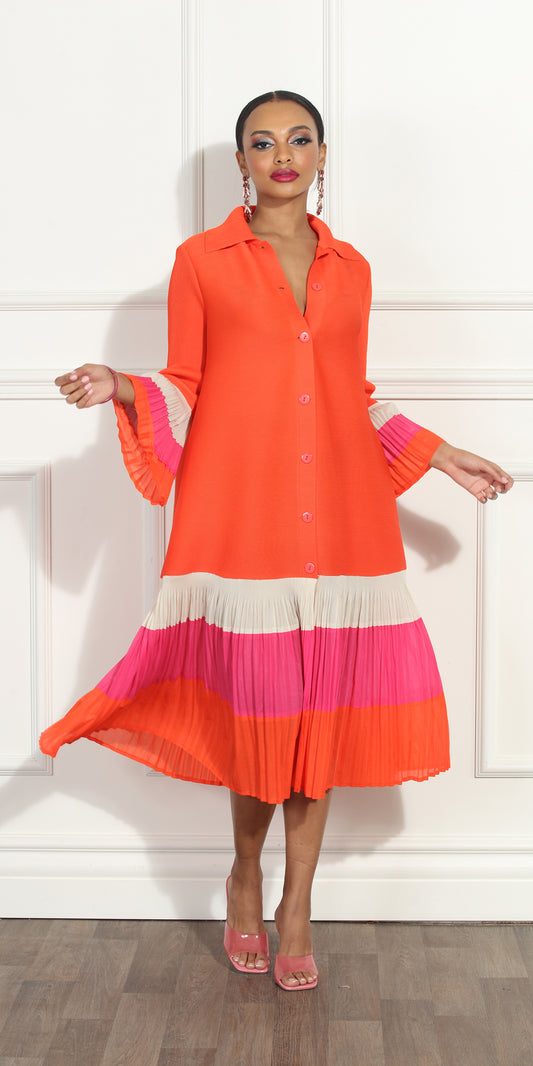 Luxe Moda LM302 - Orange - Dress with Pleated Stripe Skirt and Cuffs