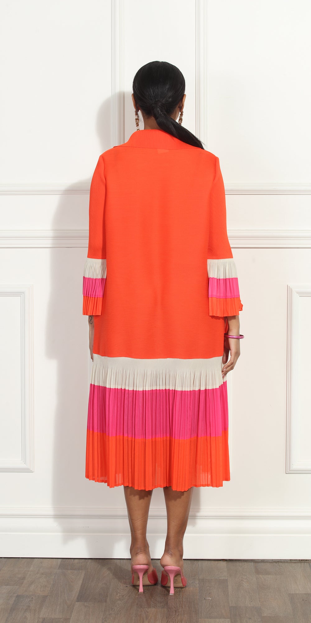 Luxe Moda LM302 - Orange - Dress with Pleated Stripe Skirt and Cuffs
