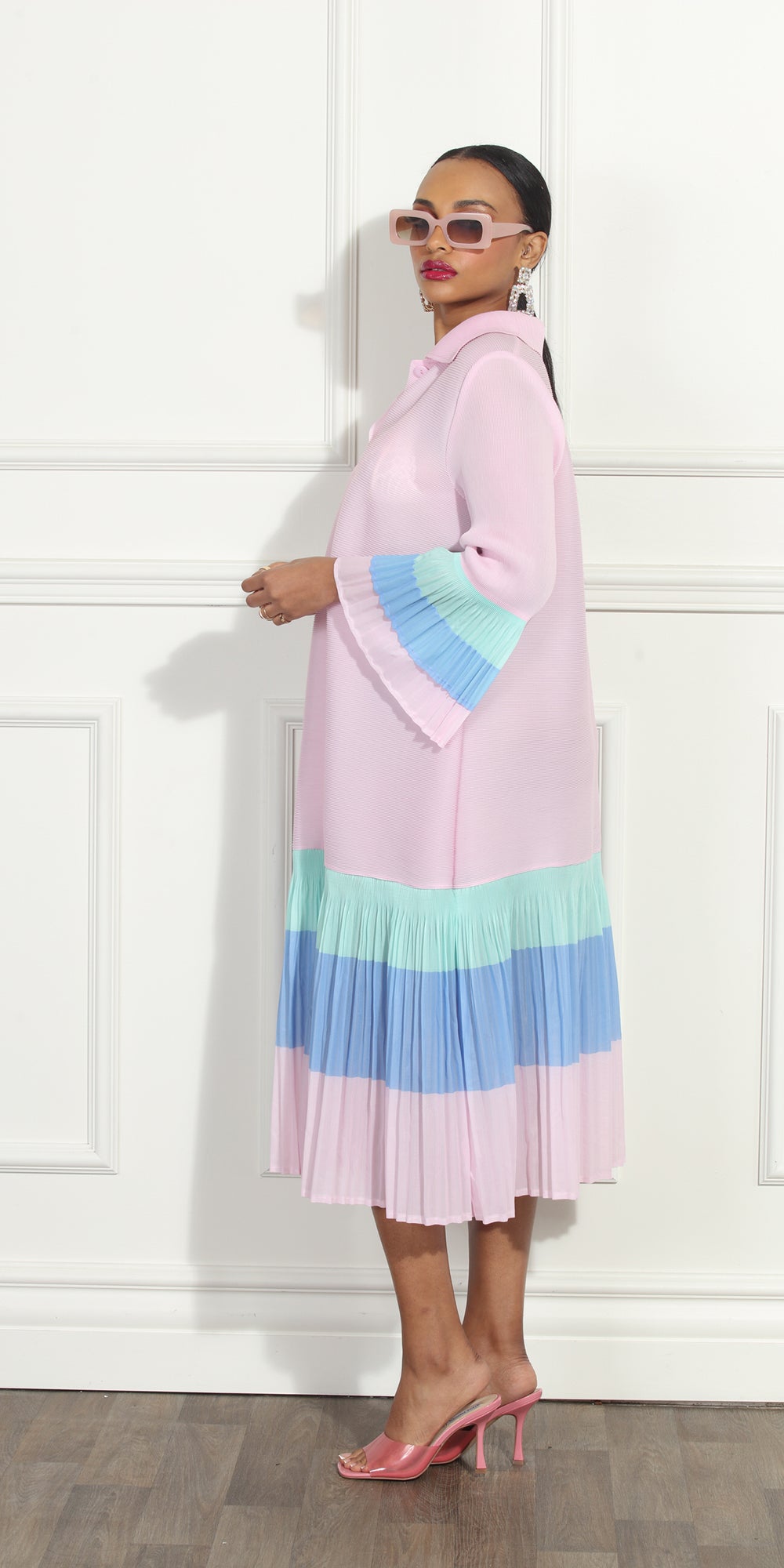 Luxe Moda LM302 - Pink - Dress with Pleated Stripe Skirt and Cuffs