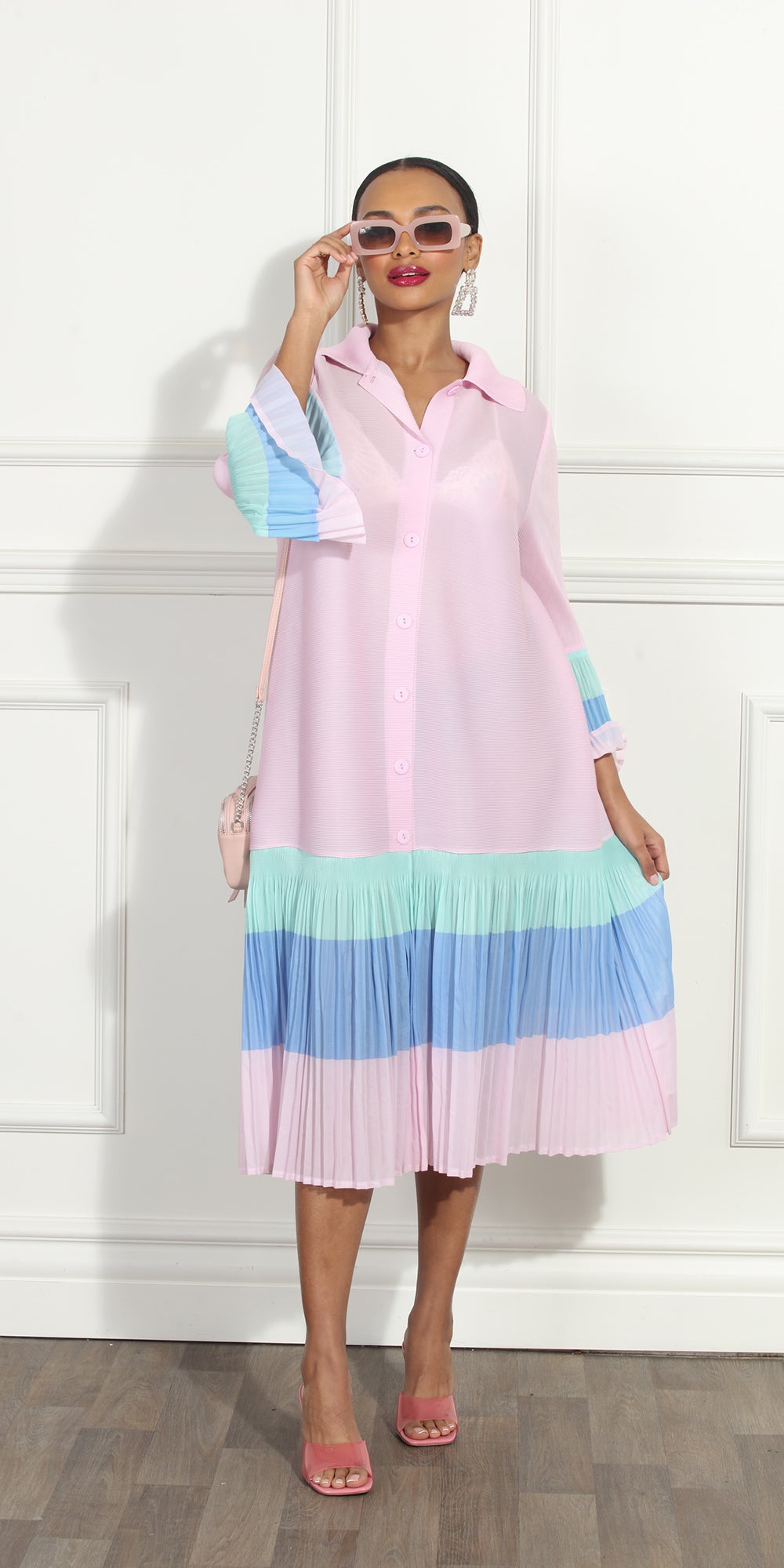 Luxe Moda LM302 - Pink - Dress with Pleated Stripe Skirt and Cuffs
