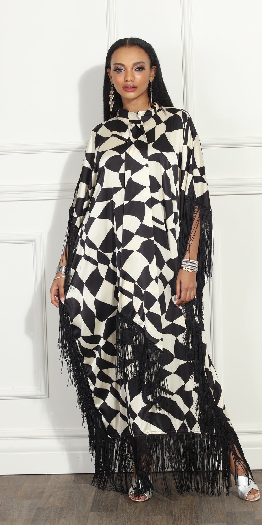 Luxe Moda LM306 - Black Beige - Geometric Print Dress With Fringe