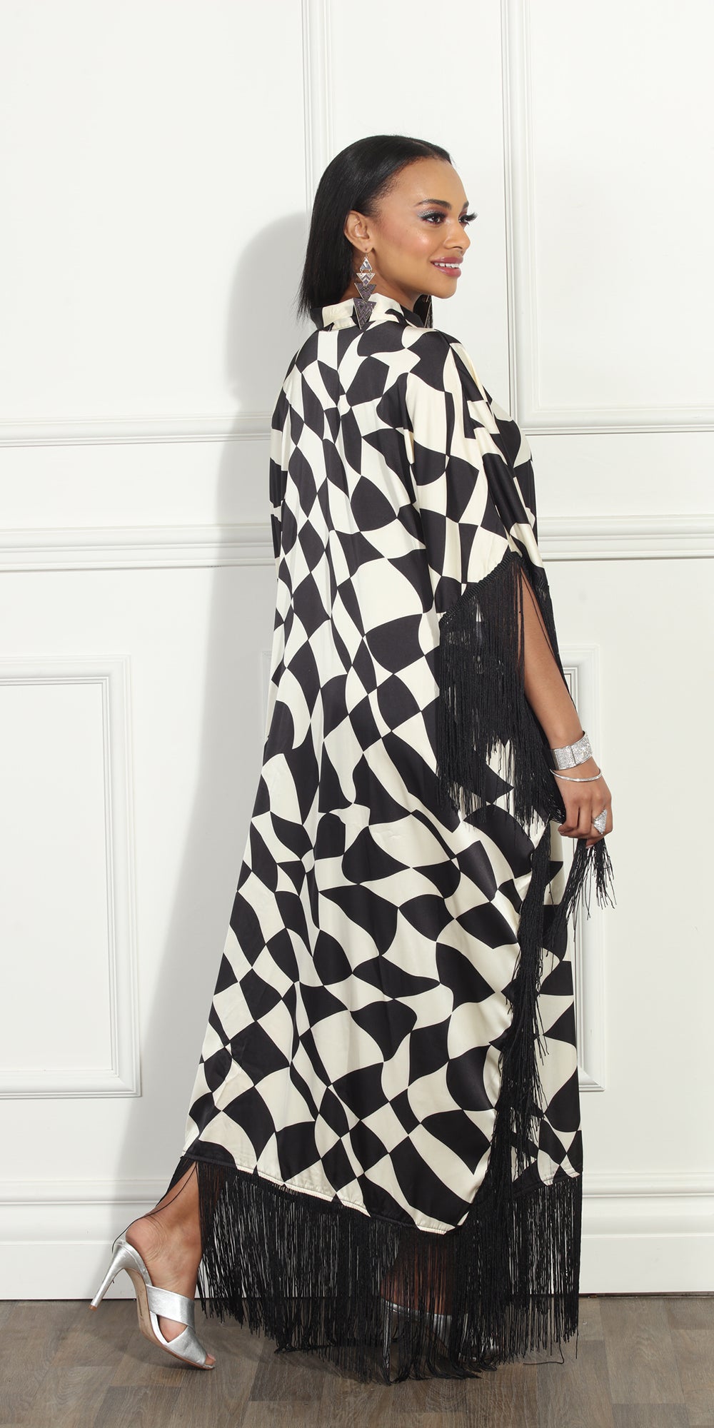 Luxe Moda LM306 - Black Beige - Geometric Print Dress With Fringe