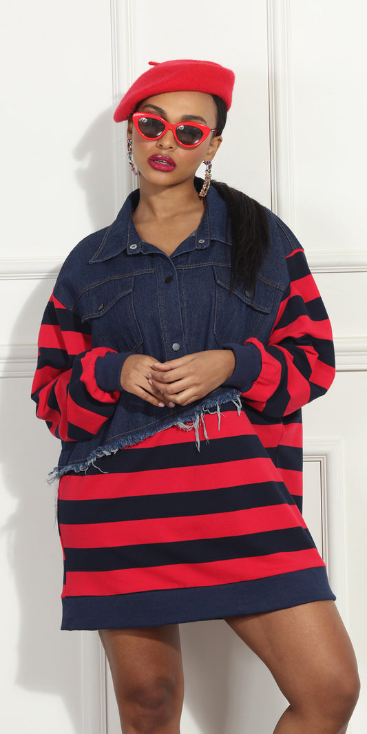 Luxe Moda LM317 - Navy Red - Denim and Stripe Long sleeve Tunic