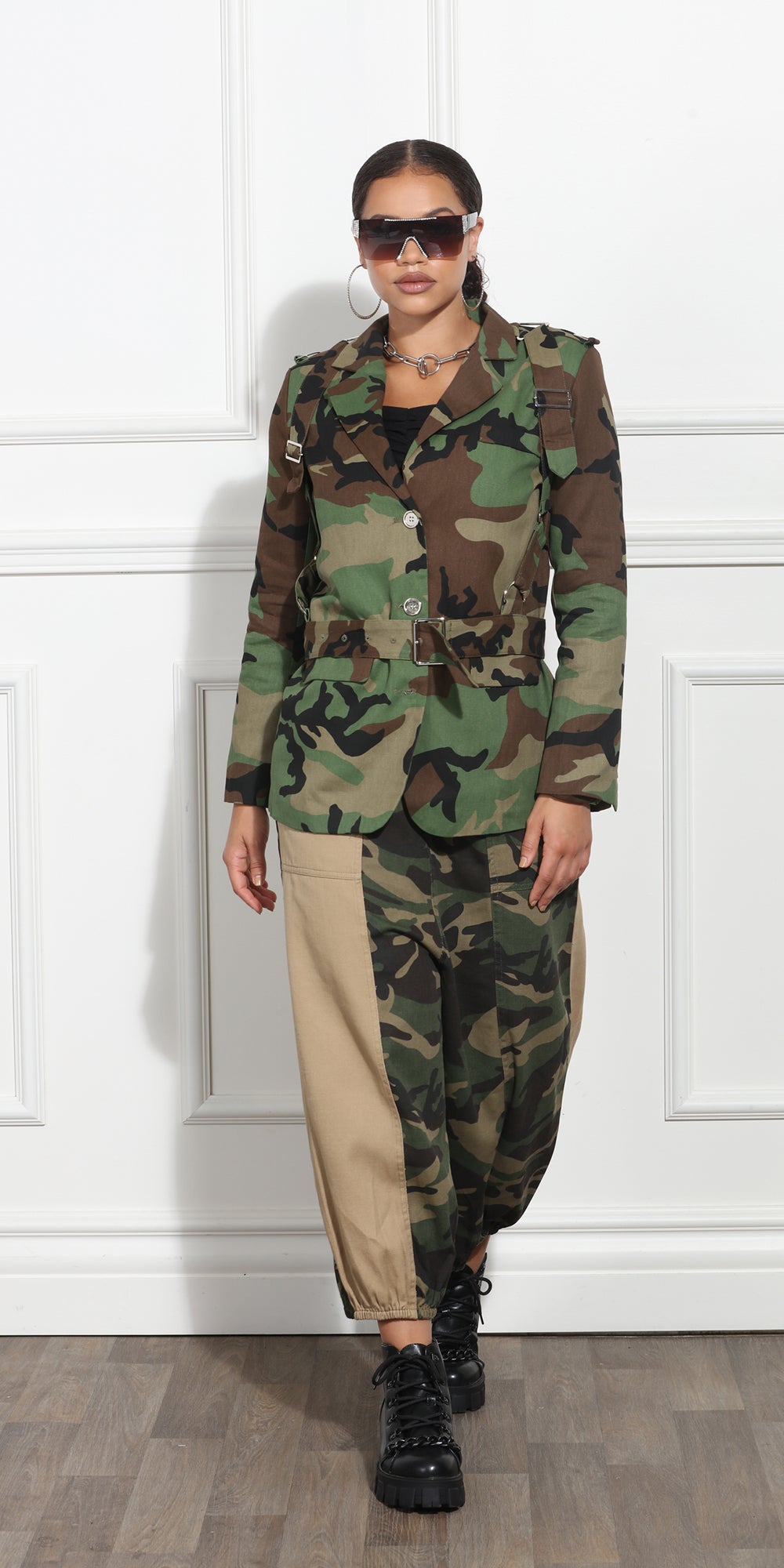 Luxe Moda LM391 - Camo - Button Down Belted Camo Jacket