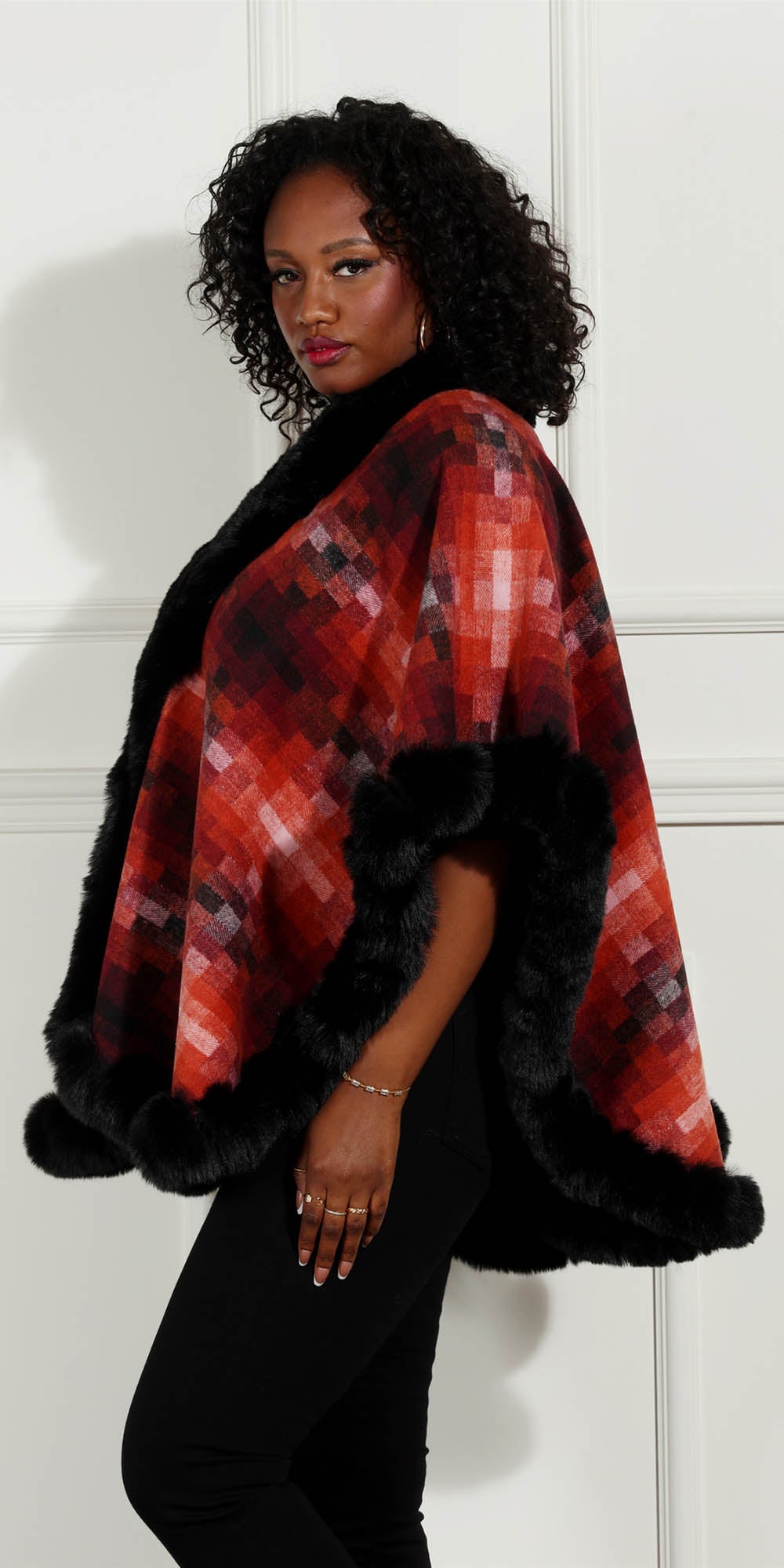 Luxe Moda LM232 - Red - Print Faux Fur Trimmed Cape