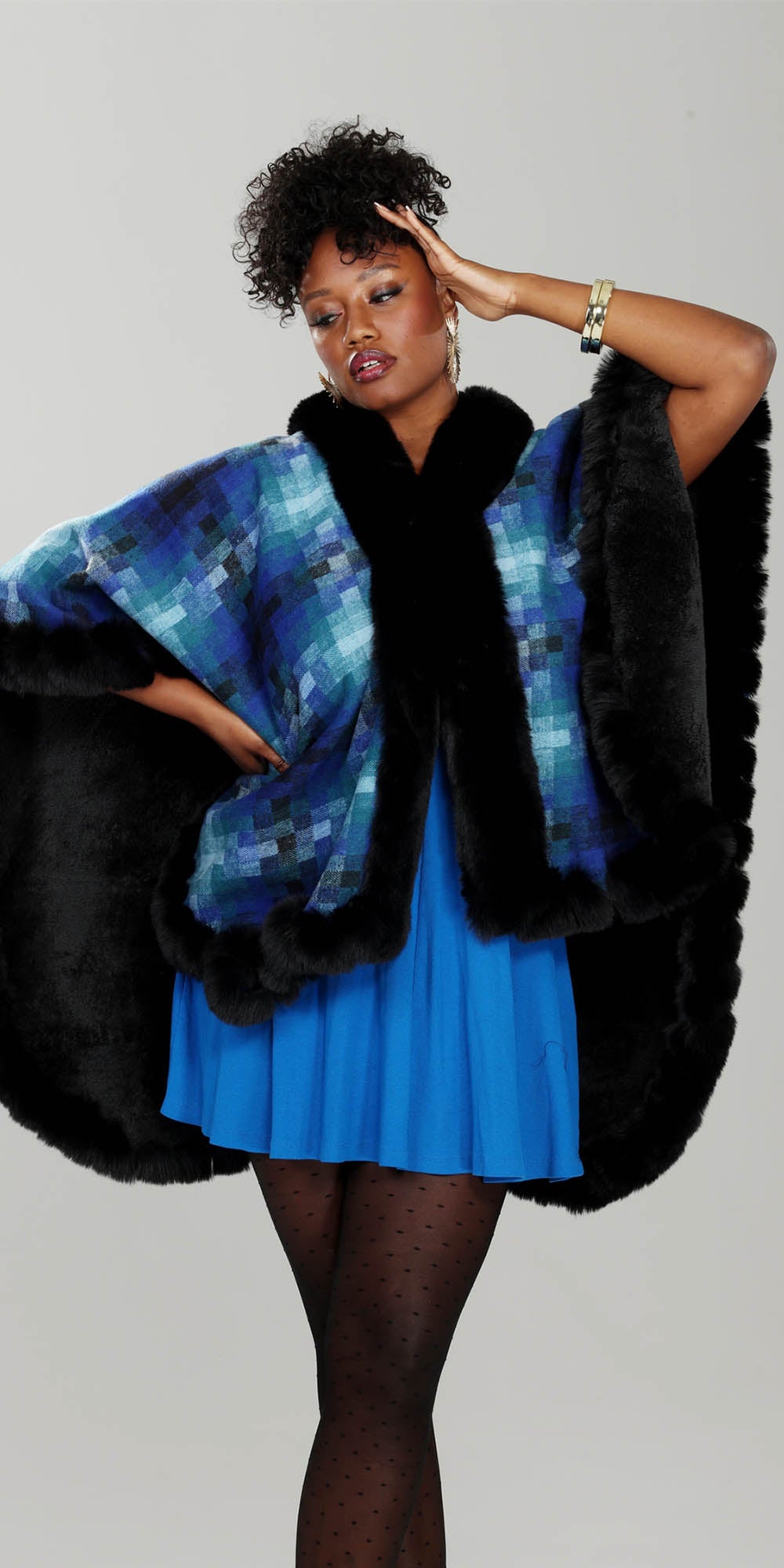 Luxe Moda LM232 - Blue - Print Faux Fur Trimmed Cape