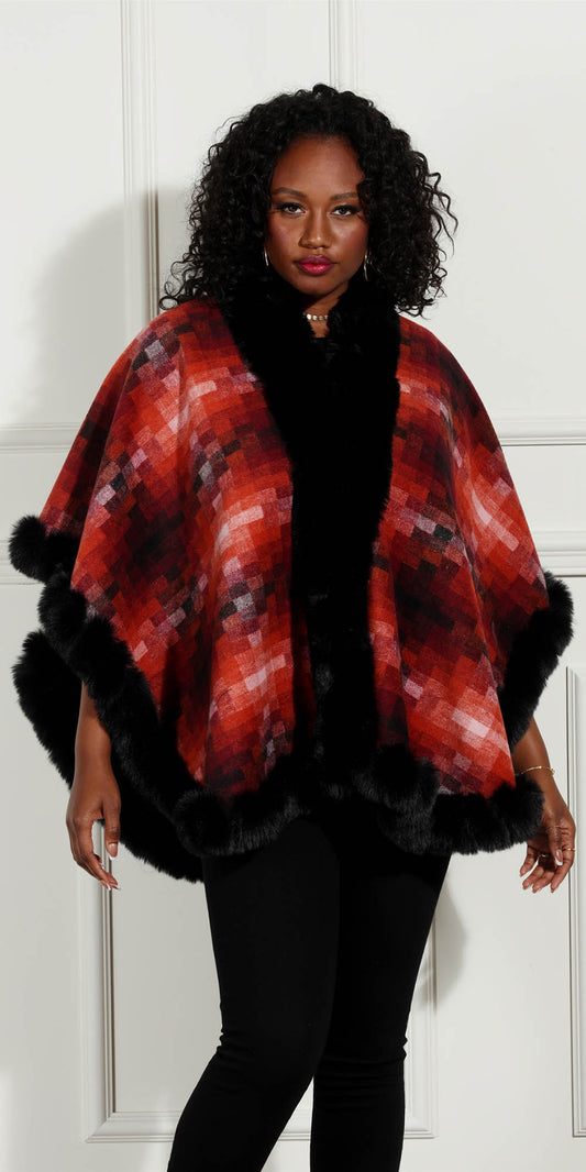 Luxe Moda LM232 - Red - Print Faux Fur Trimmed Cape