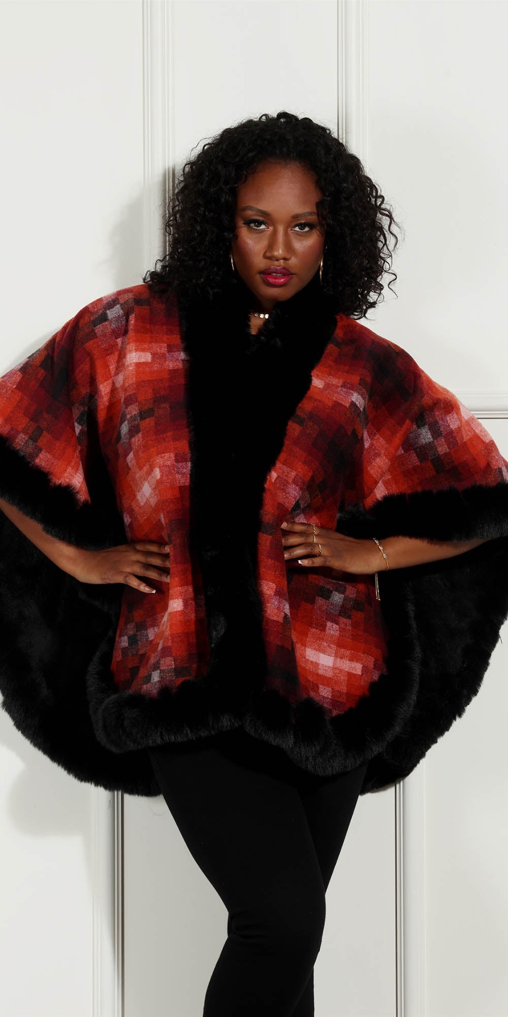 Luxe Moda LM232 - Red - Print Faux Fur Trimmed Cape