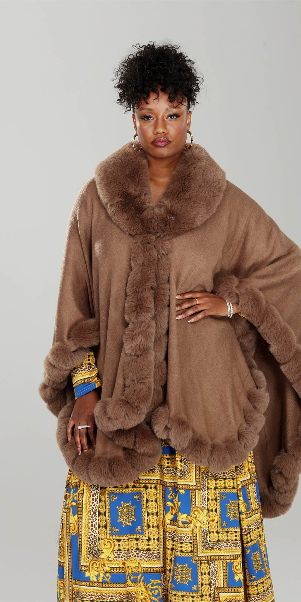 Luxe Moda LM233 - Coffee - Faux Fur Trimmed Cape