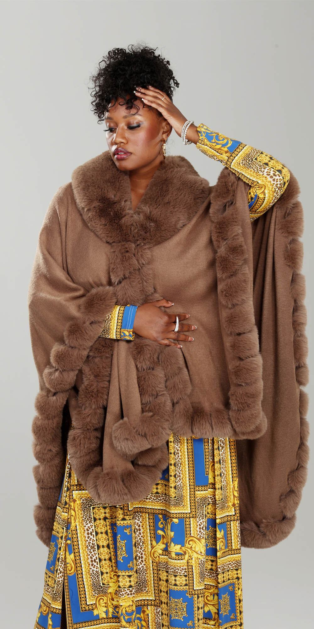Luxe Moda LM233 - Coffee - Faux Fur Trimmed Cape