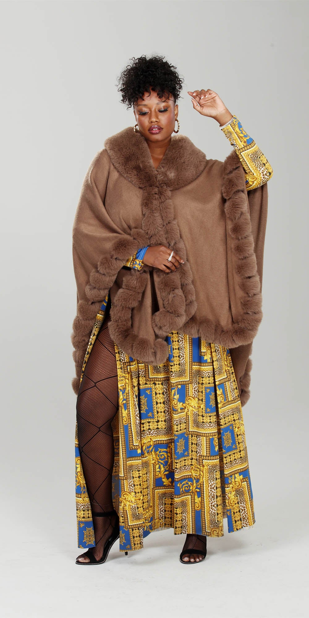 Luxe Moda LM233 - Coffee - Faux Fur Trimmed Cape