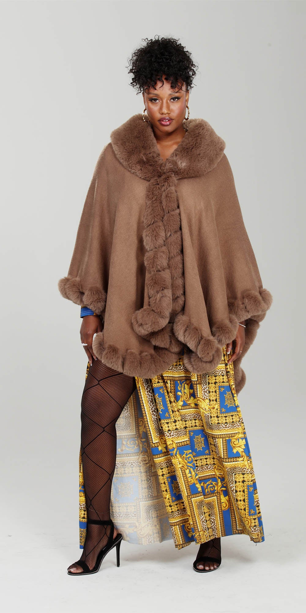 Luxe Moda LM233 - Coffee - Faux Fur Trimmed Cape