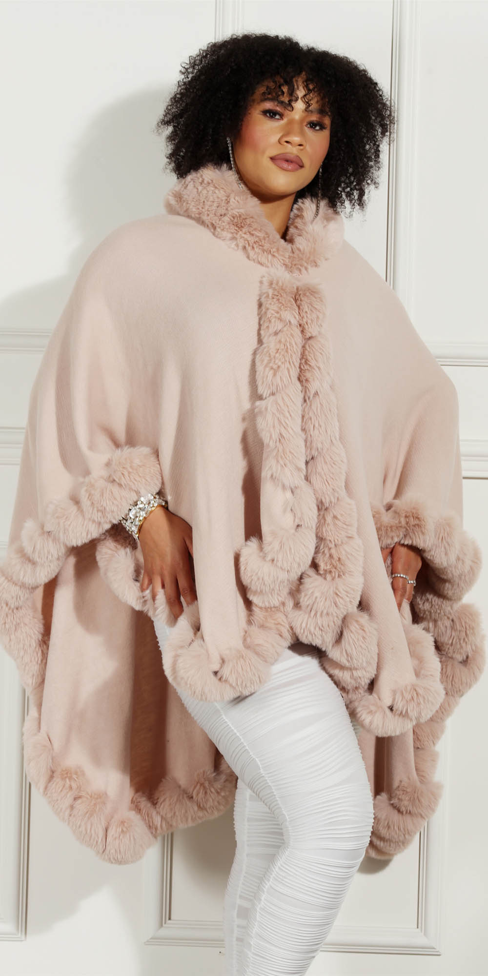 Luxe Moda LM234 - Beige - Faux Fur Trimmed Cape