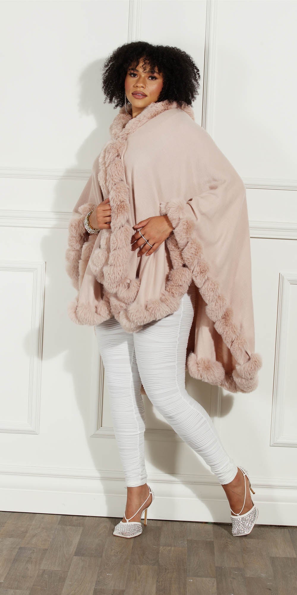 Luxe Moda LM234 - Beige - Faux Fur Trimmed Cape