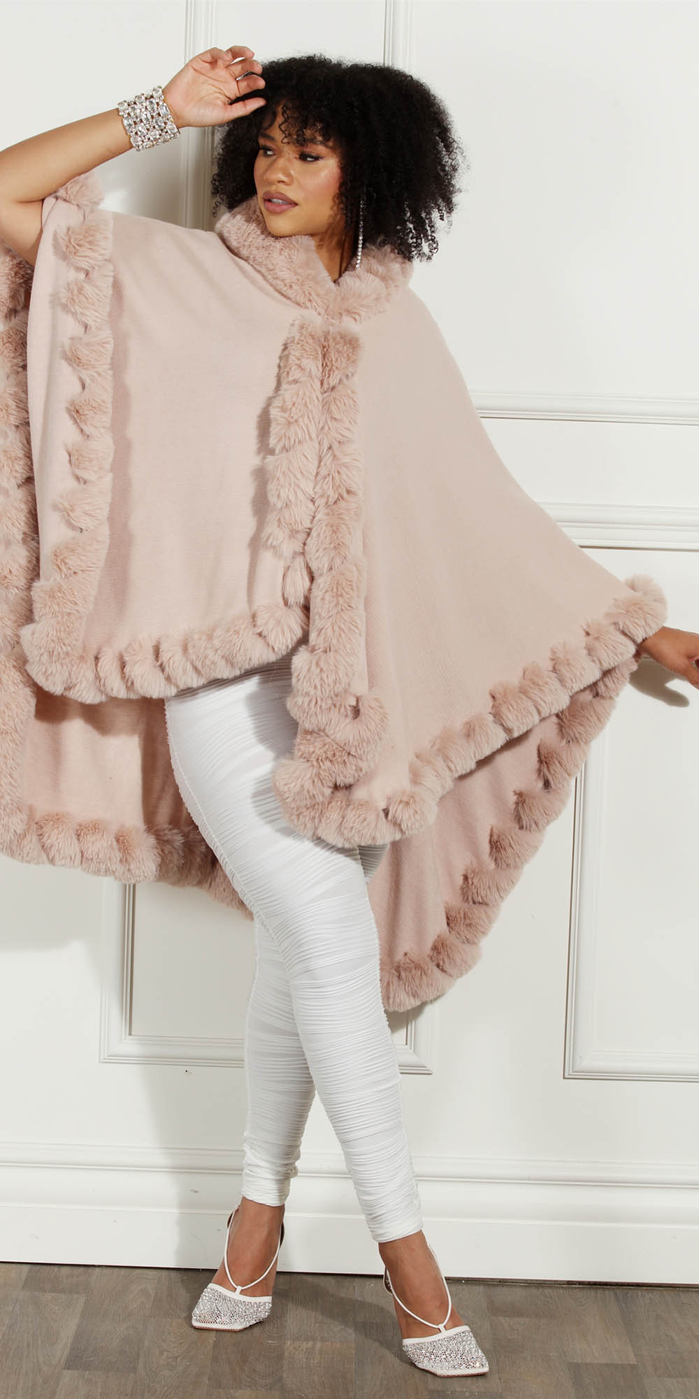 Luxe Moda LM234 - Beige - Faux Fur Trimmed Cape