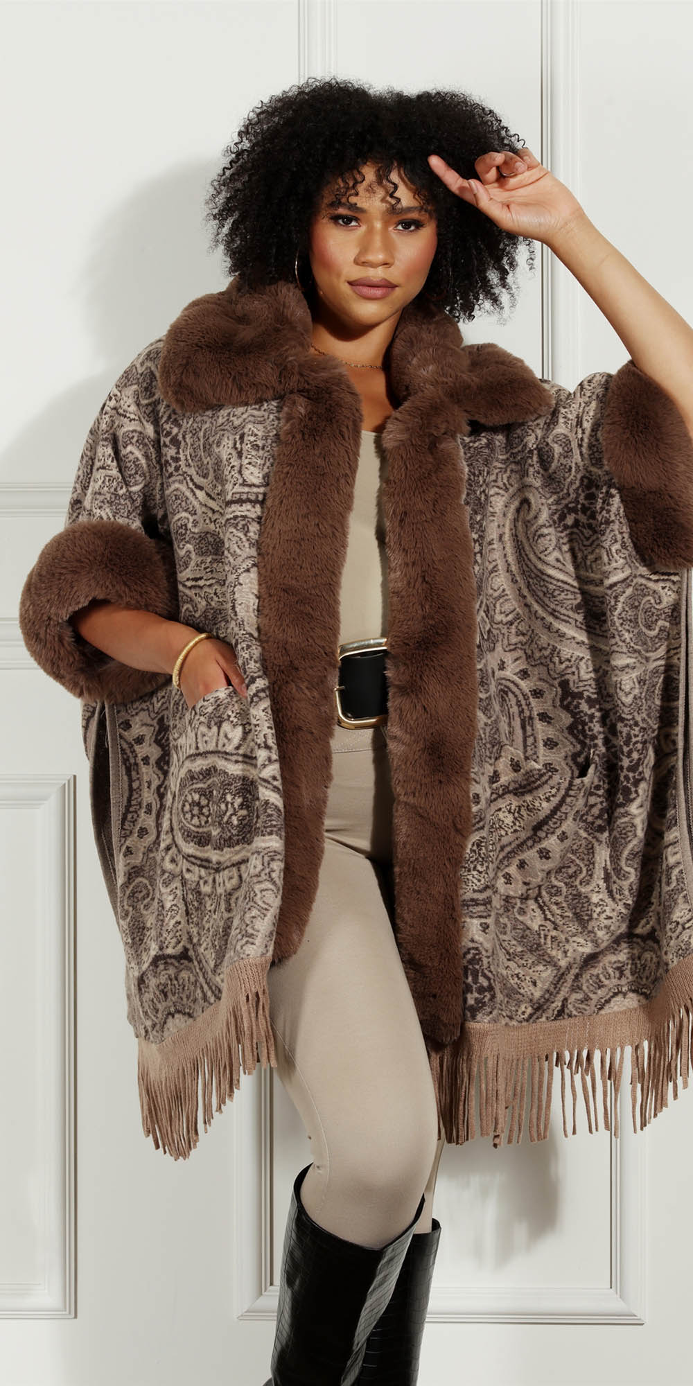 Luxe Moda LM235 - Brown - Faux Fur Trim Print Cape