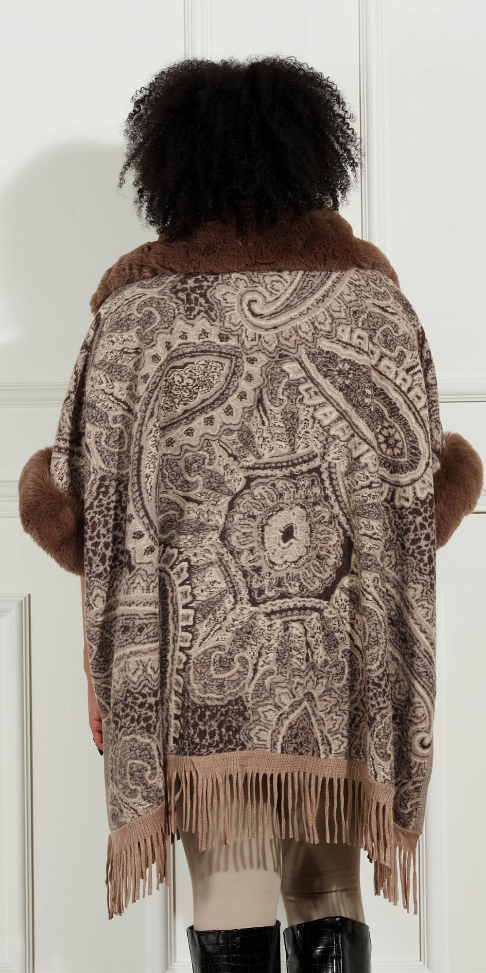 Luxe Moda LM235 - Brown - Faux Fur Trim Print Cape
