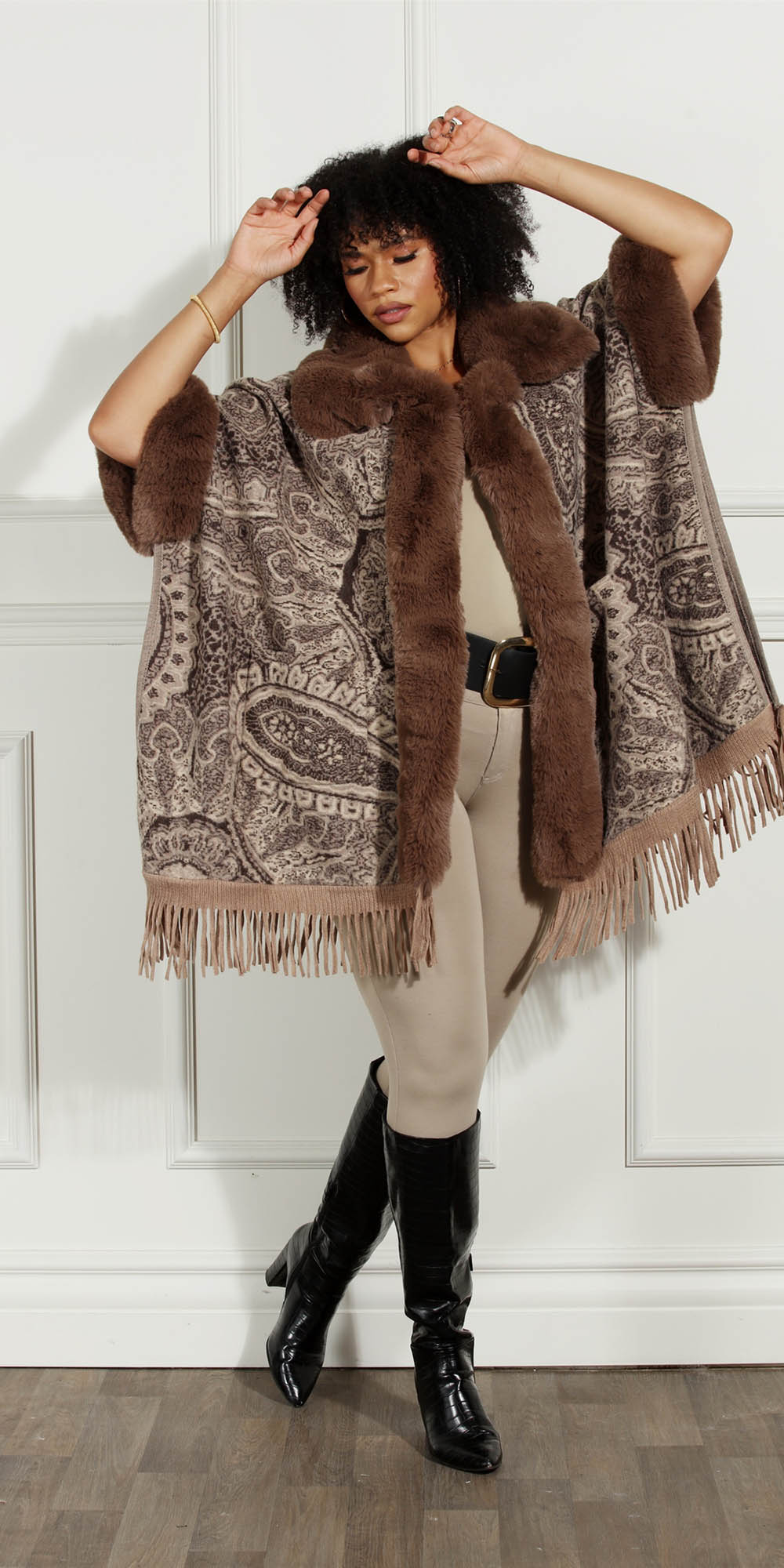 Luxe Moda LM235 - Brown - Faux Fur Trim Print Cape