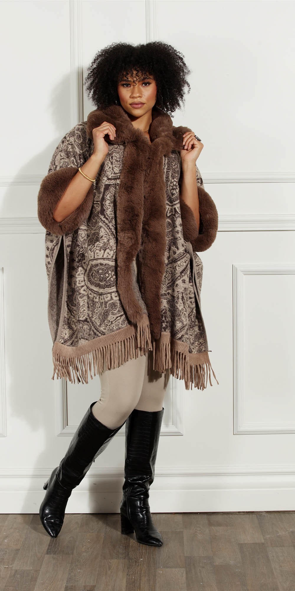 Luxe Moda LM235 - Brown - Faux Fur Trim Print Cape