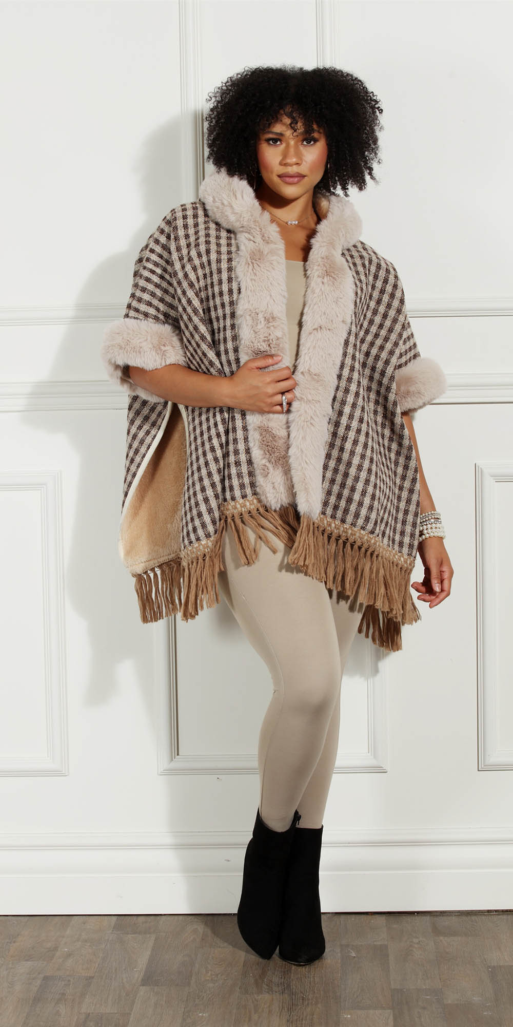 Luxe Moda LM237 - Beige - Faux Fur Trim Print Cape With Fringe