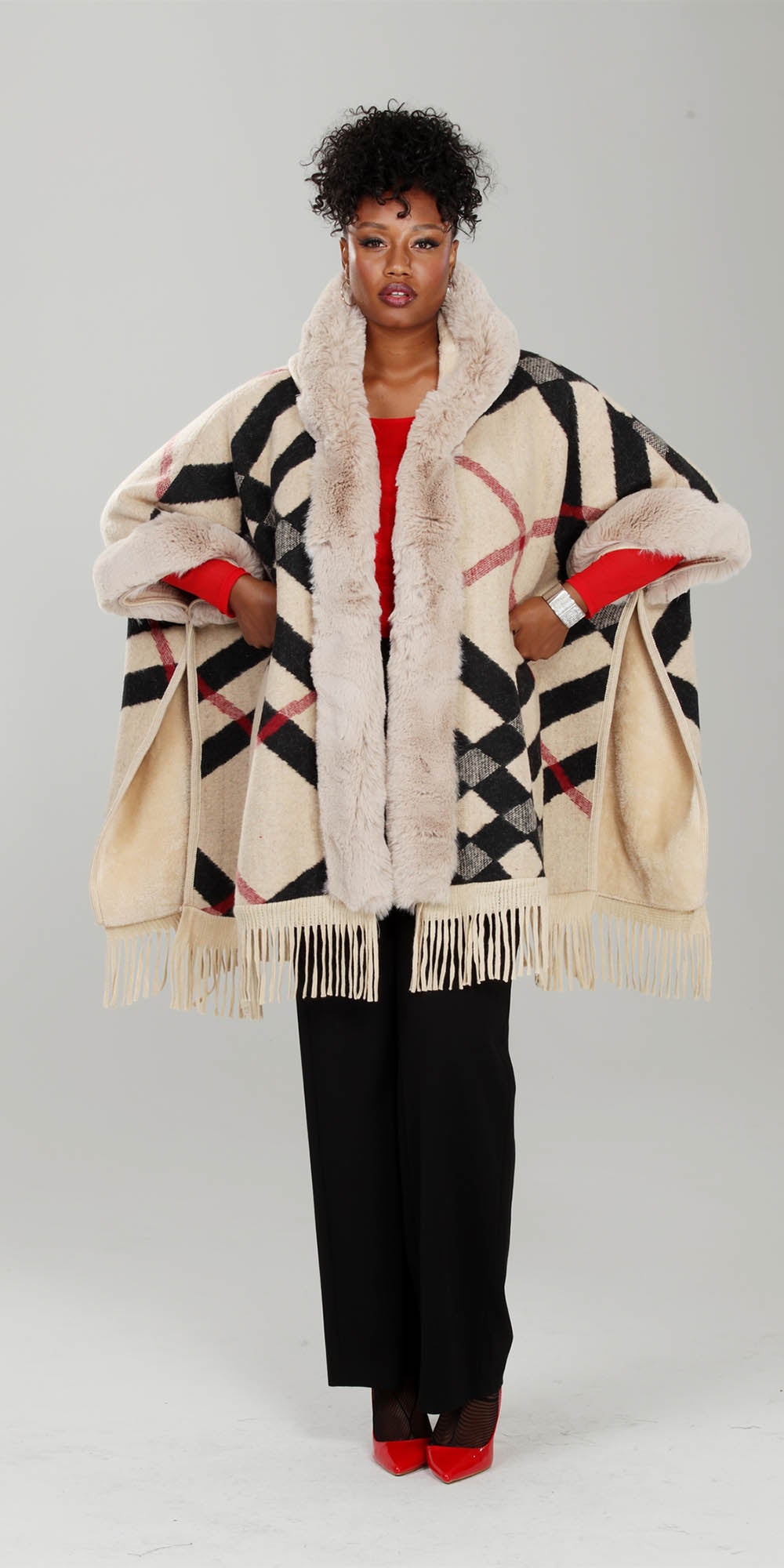 Luxe Moda LM238 - Beige - Faux Fur Trim Print Cape With Fringe