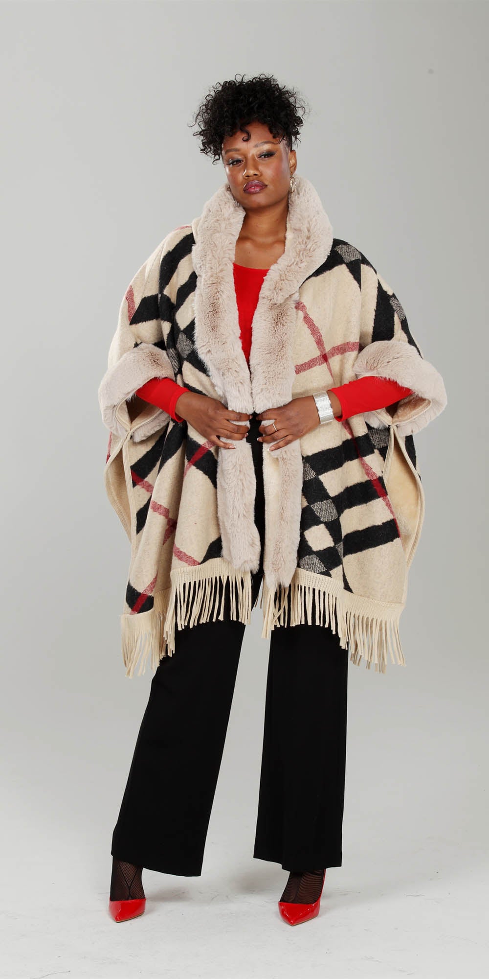 Luxe Moda LM238 - Beige - Faux Fur Trim Print Cape With Fringe