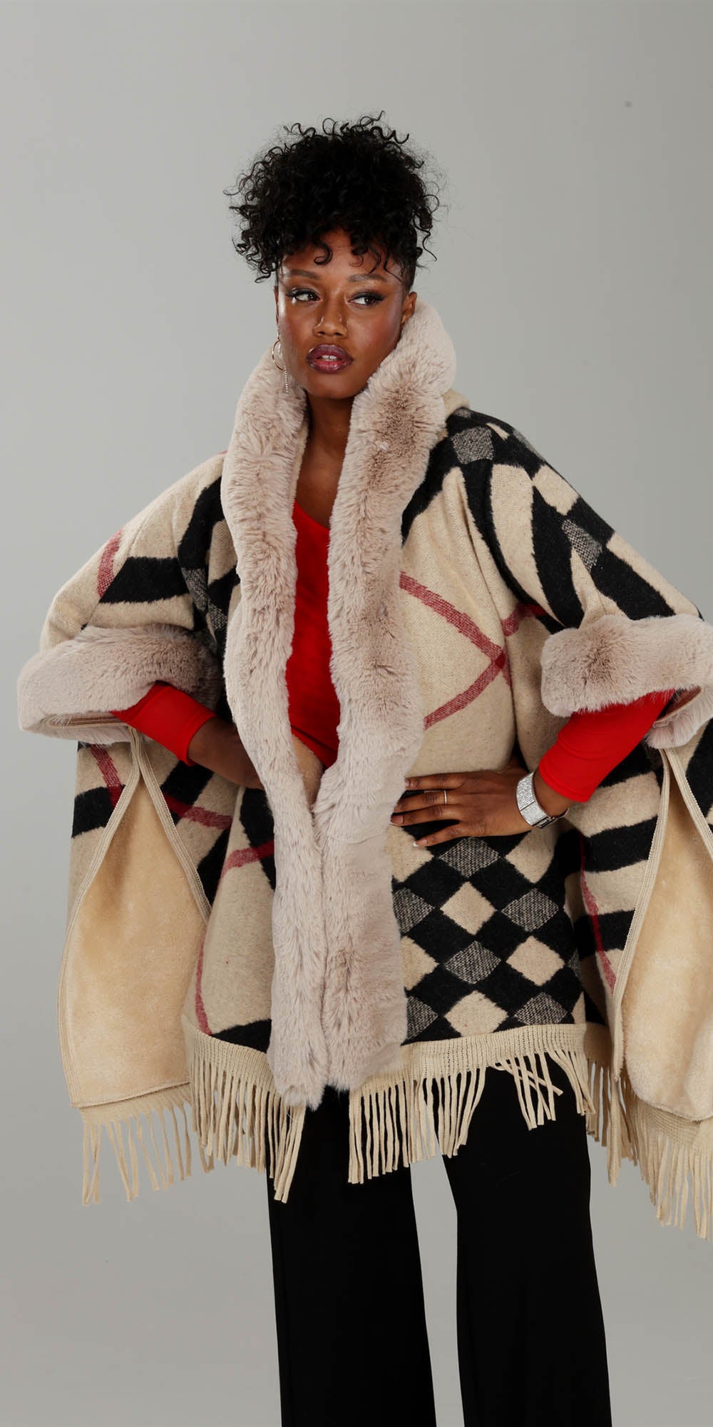 Luxe Moda LM238 - Beige - Faux Fur Trim Print Cape With Fringe