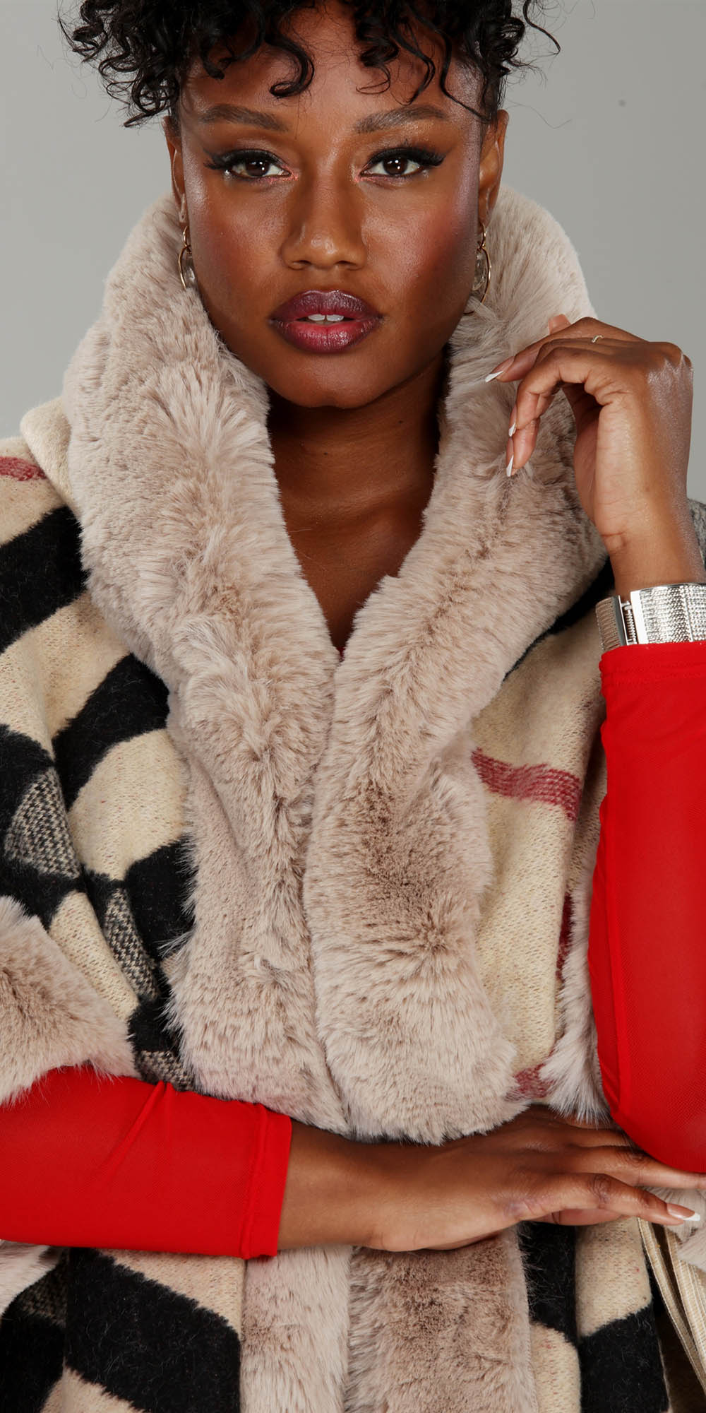 Luxe Moda LM238 - Beige - Faux Fur Trim Print Cape With Fringe