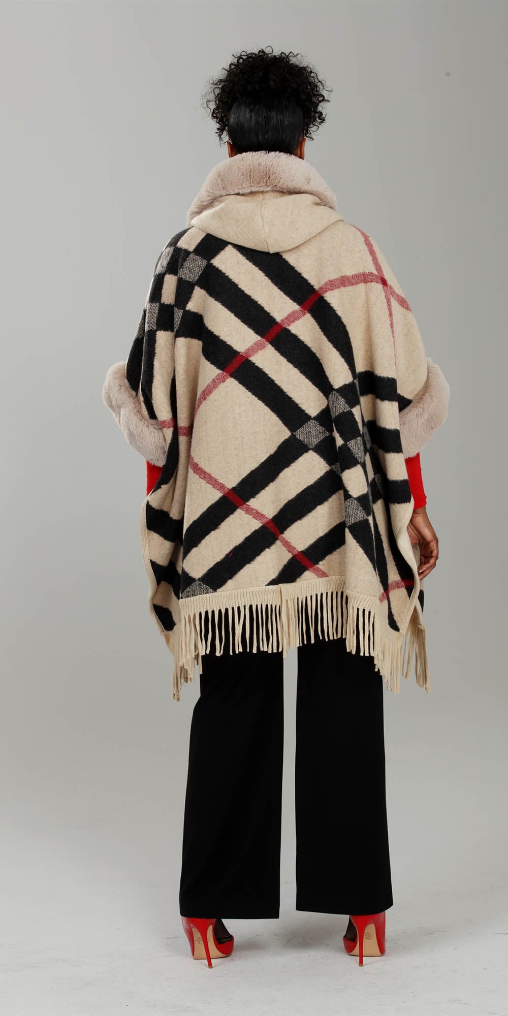 Luxe Moda LM238 - Beige - Faux Fur Trim Print Cape With Fringe