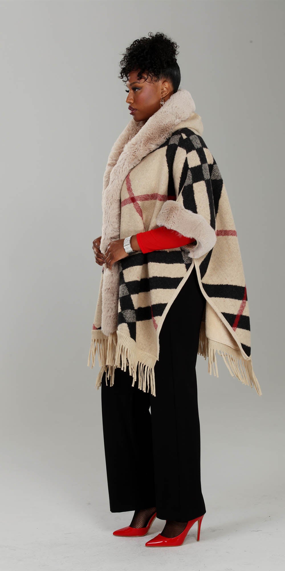 Luxe Moda LM238 - Beige - Faux Fur Trim Print Cape With Fringe
