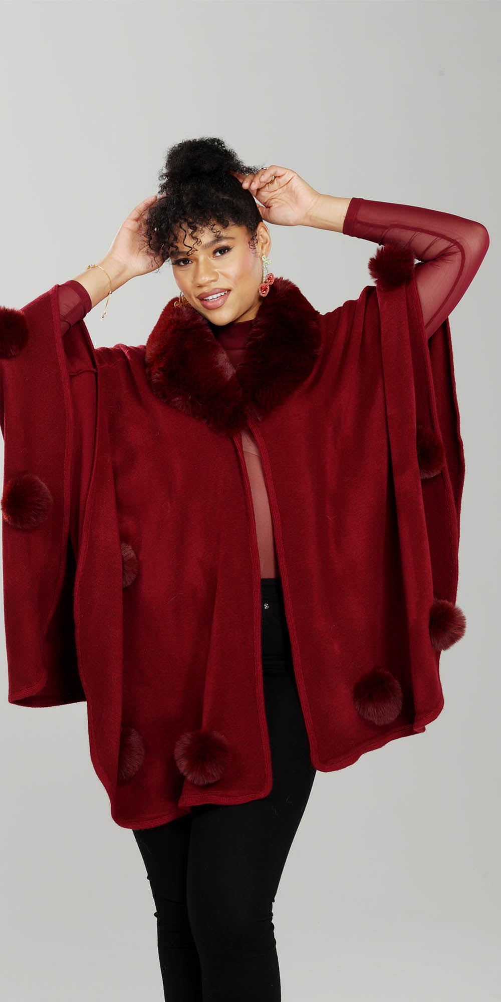Luxe Moda LM240 - Burgundy - Faux Fur Trim Cape