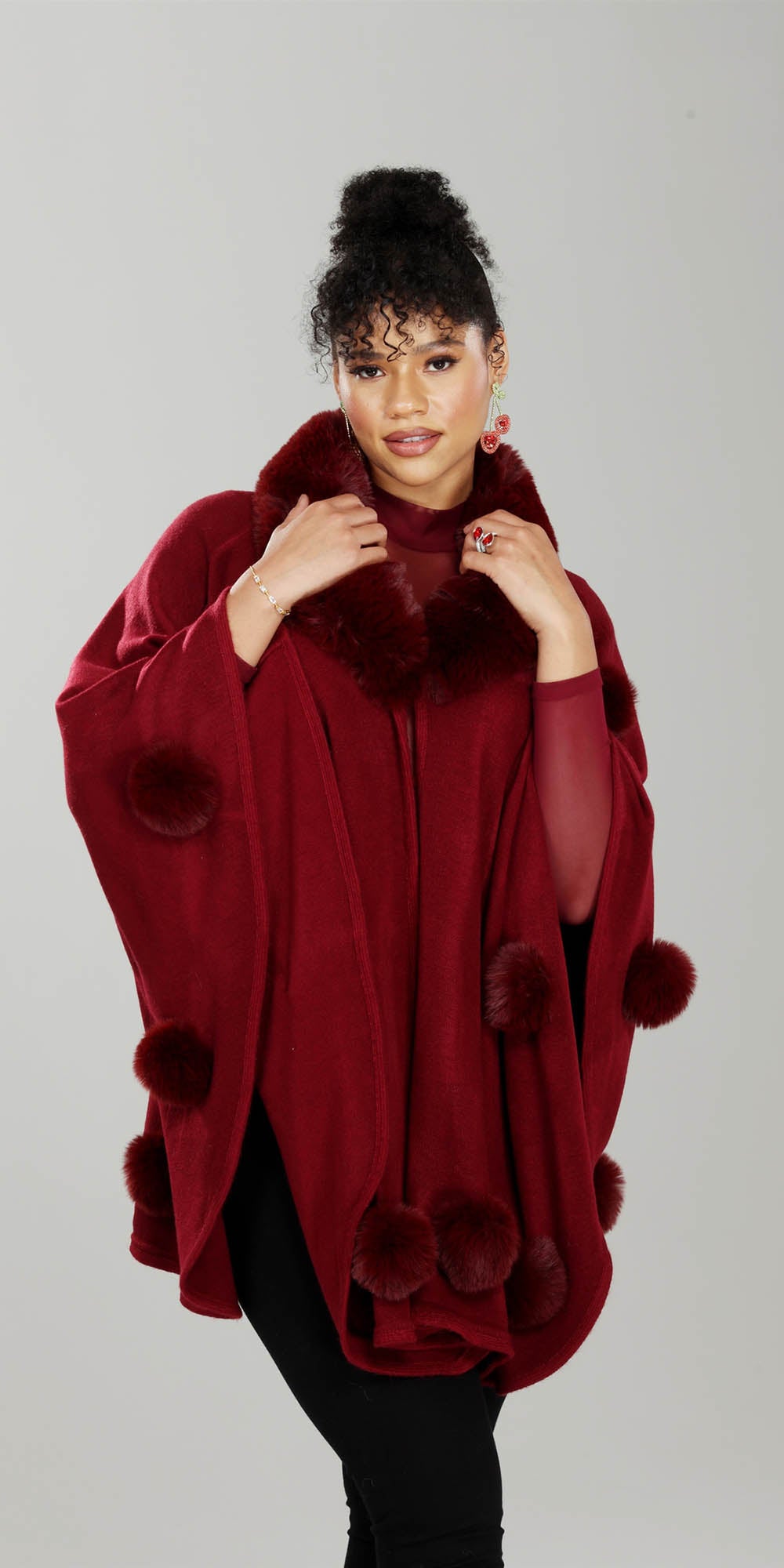 Luxe Moda LM240 - Burgundy - Faux Fur Trim Cape