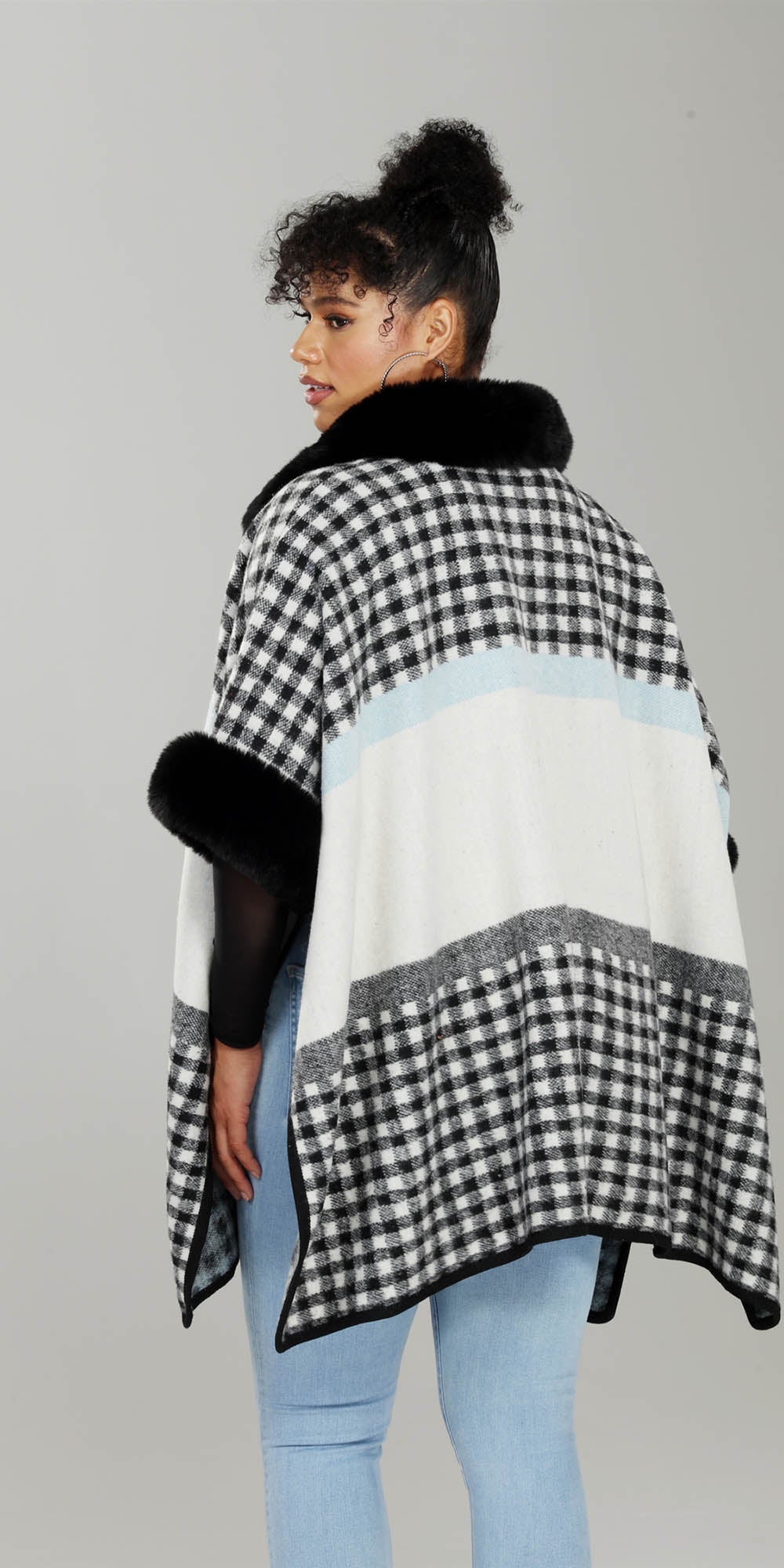 Luxe Moda LM241 - Black White - Faux Fur Trim Print Cape