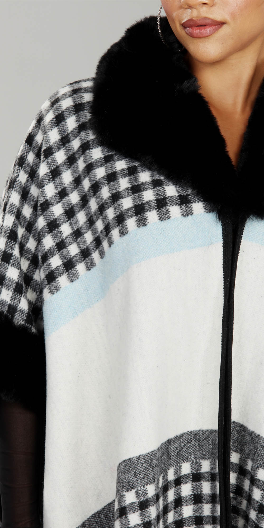 Luxe Moda LM241 - Black White - Faux Fur Trim Print Cape