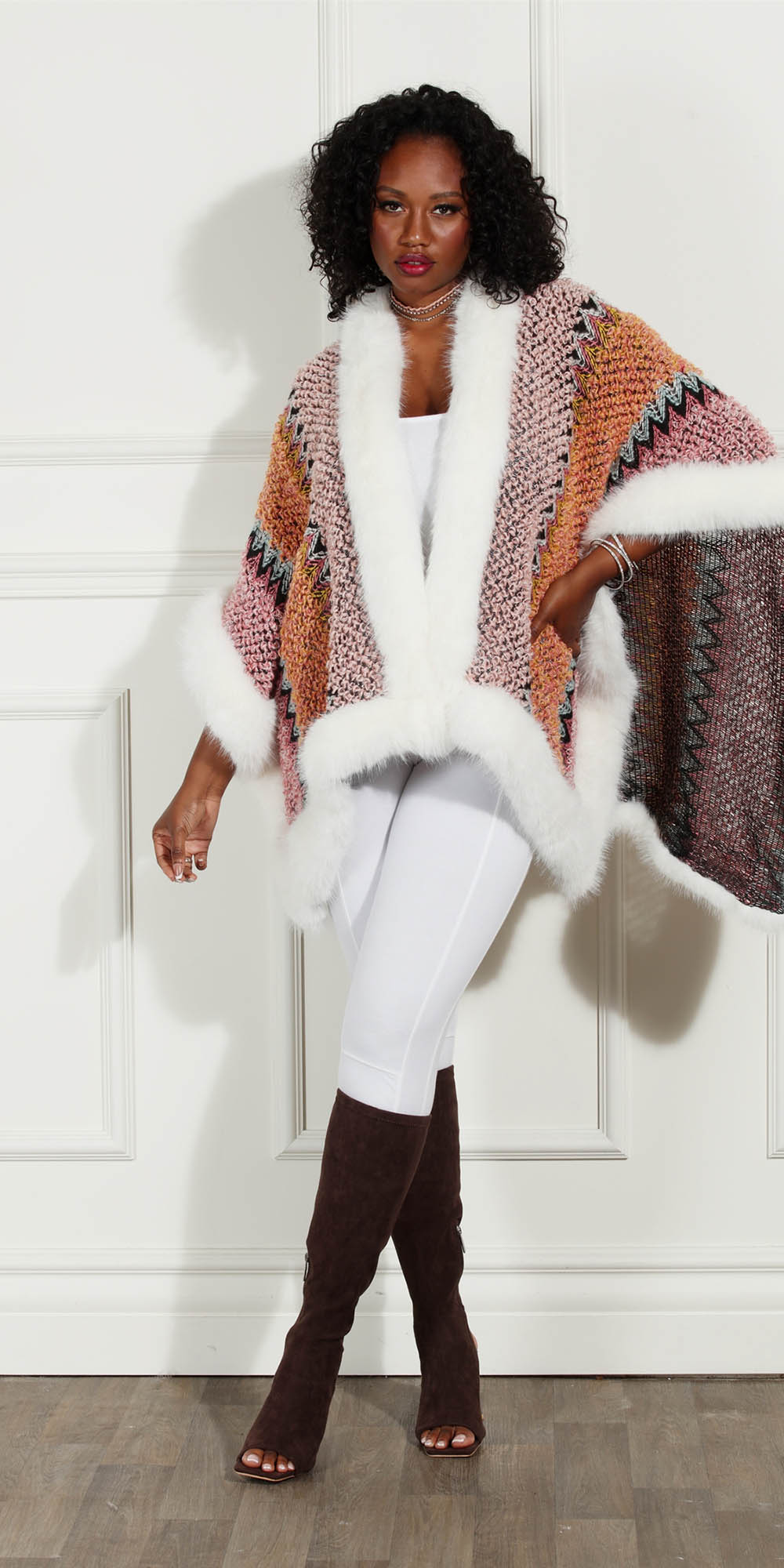 Luxe Moda LM243 - Multi - Faux Fur Trim Knit Cape