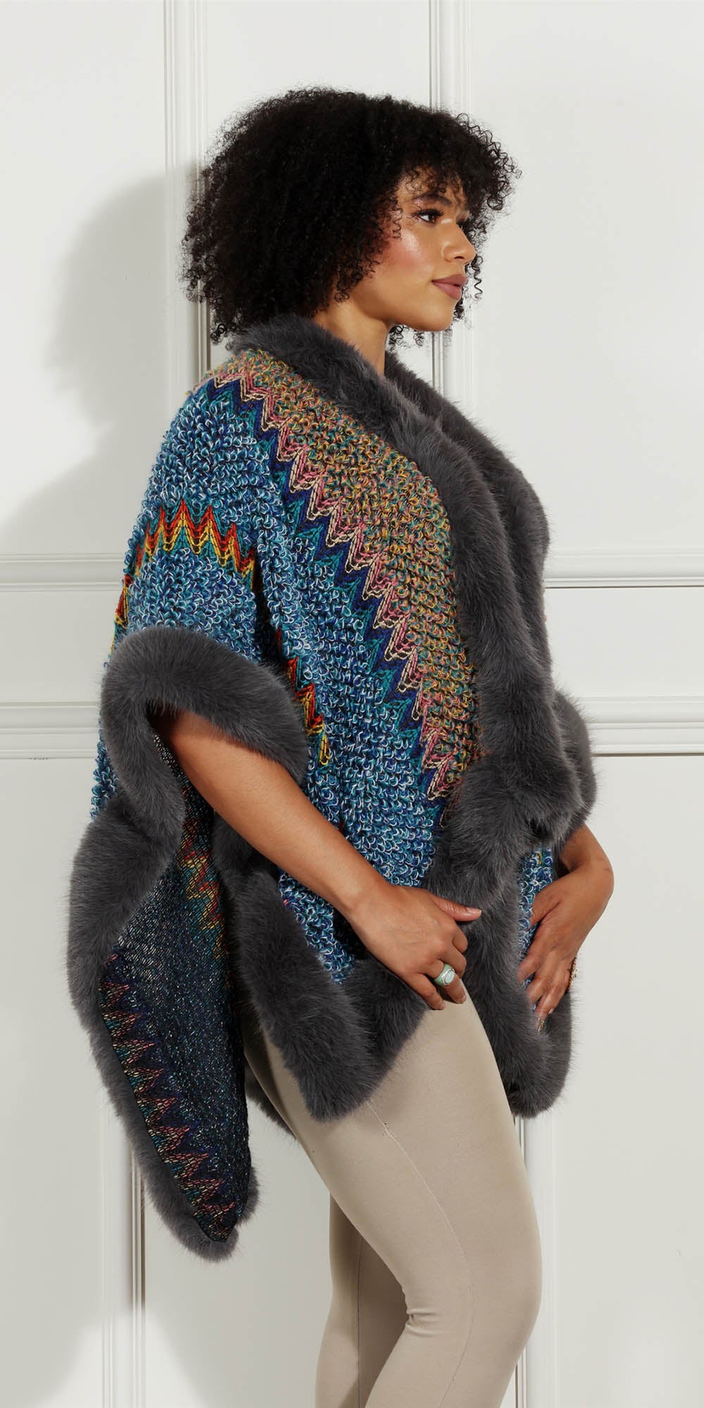 Luxe Moda LM244 - Multi - Faux Fur Trim Knit Cape