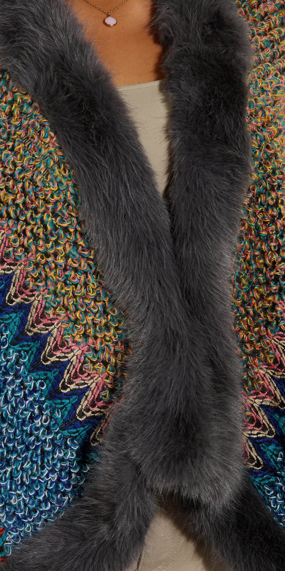 Luxe Moda LM244 - Multi - Faux Fur Trim Knit Cape
