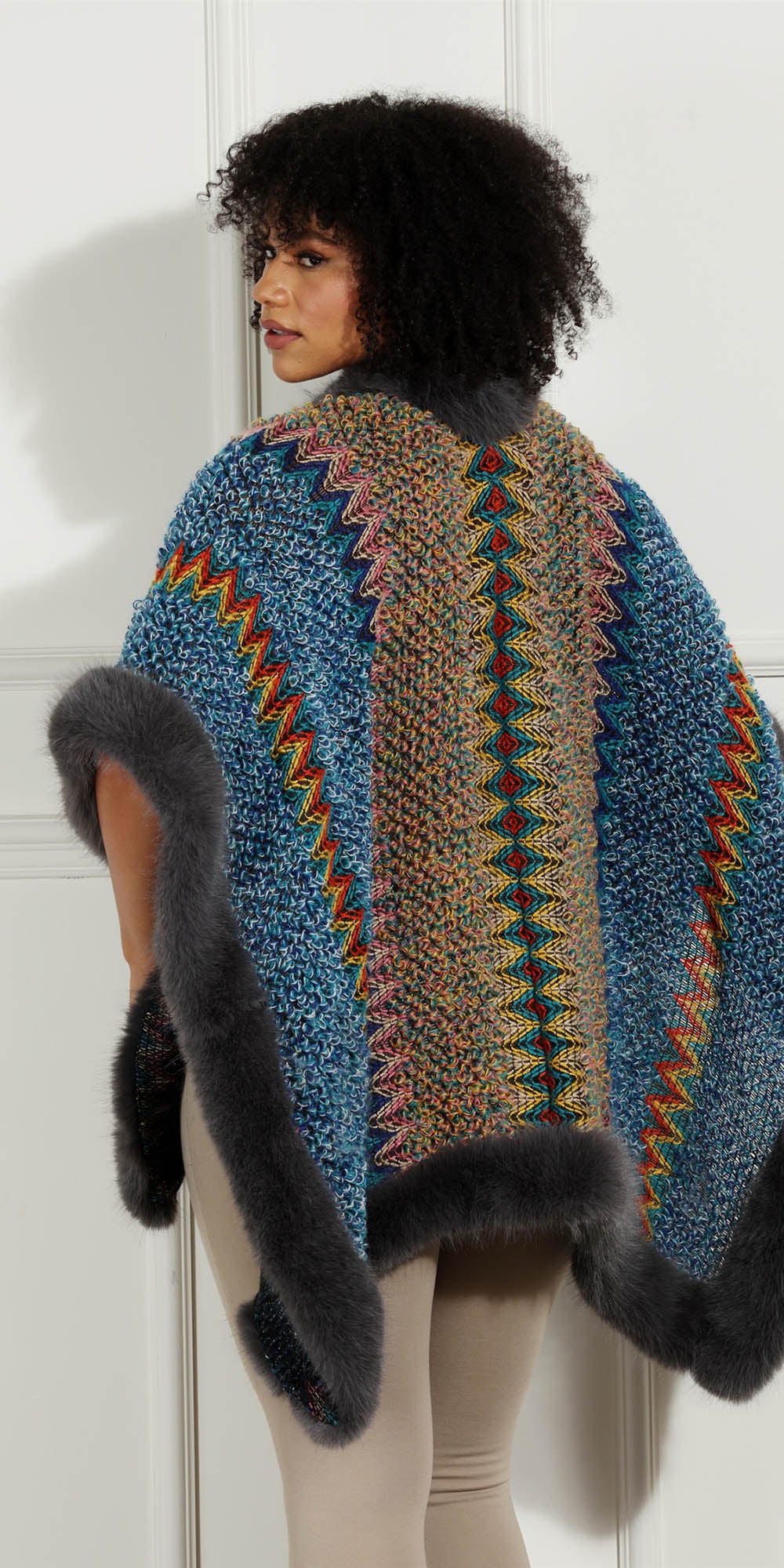 Luxe Moda LM244 - Multi - Faux Fur Trim Knit Cape