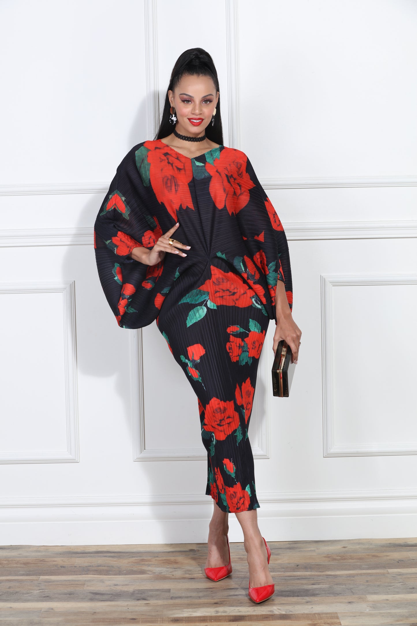 Luxe Moda LM405 - Red Black - Rose Print Dress