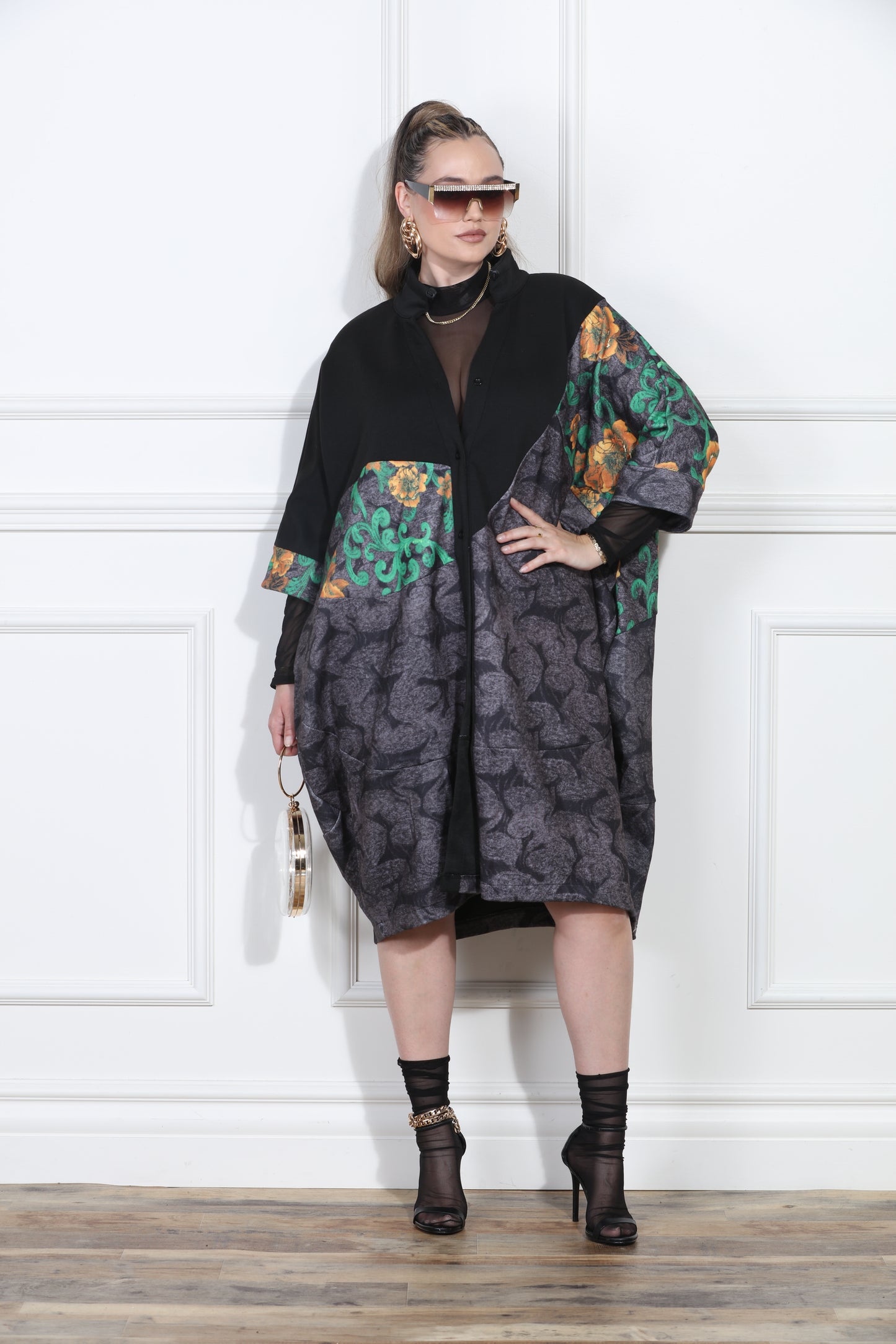 Luxe Moda LM425 - Black Multi - Oversize Mix Print Denim Coat Dress
