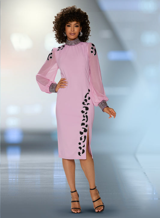 Love The Queen 17515 - Pink - Knit Dress with Chiffon Sleeves and Rhinestone Bead Detailing