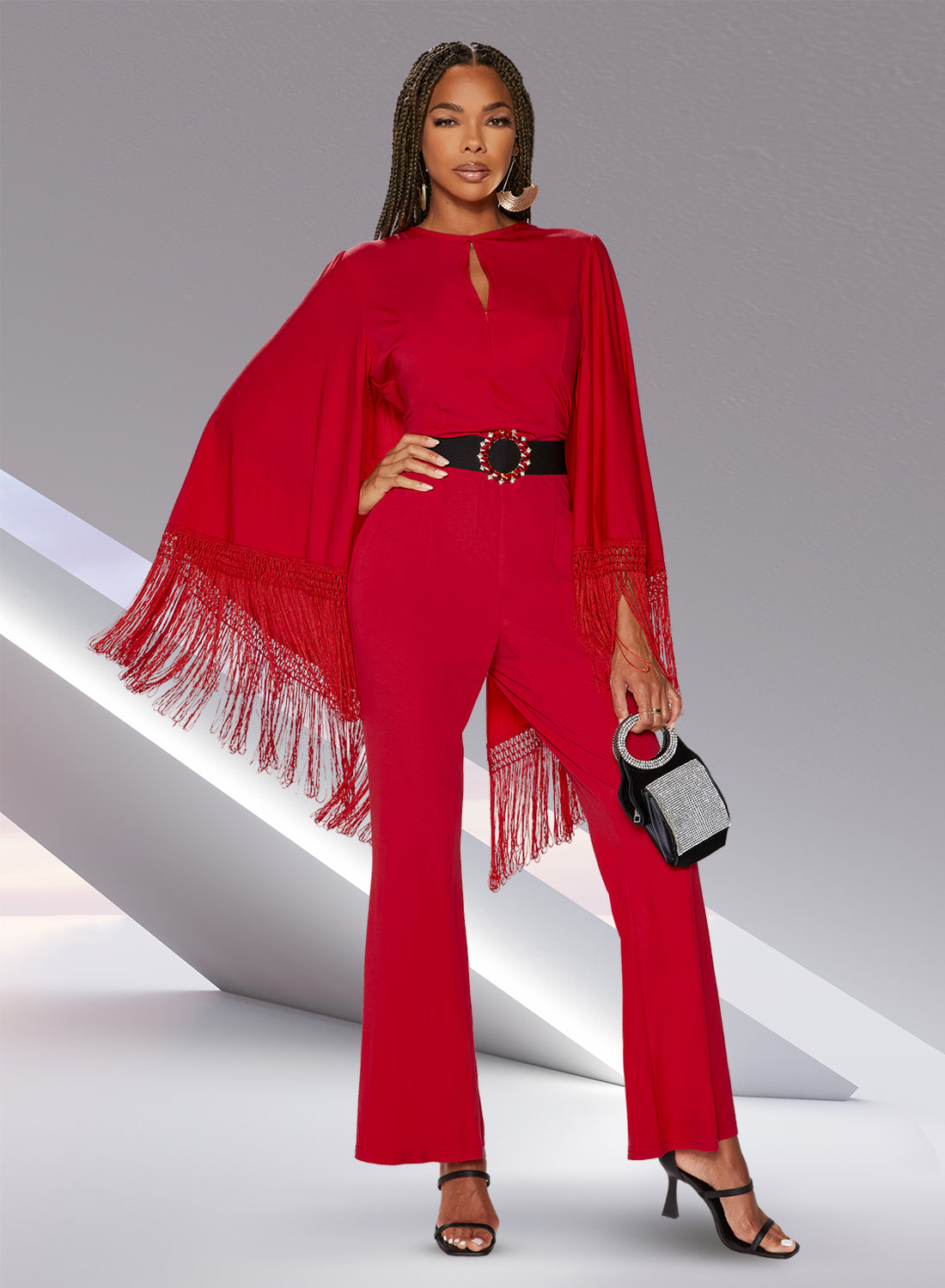 Love the Queen 17523 - Red - Soft Stretch Jumpsuit with Fringed Cape Sleeves
