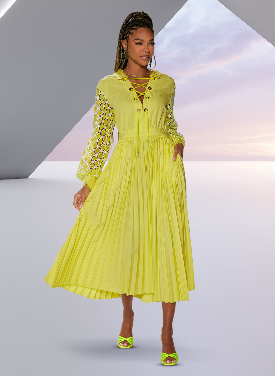 Love the Queen 17526 - Lemon - Lace Sleeve with Sequins Pleated Skirt Dress