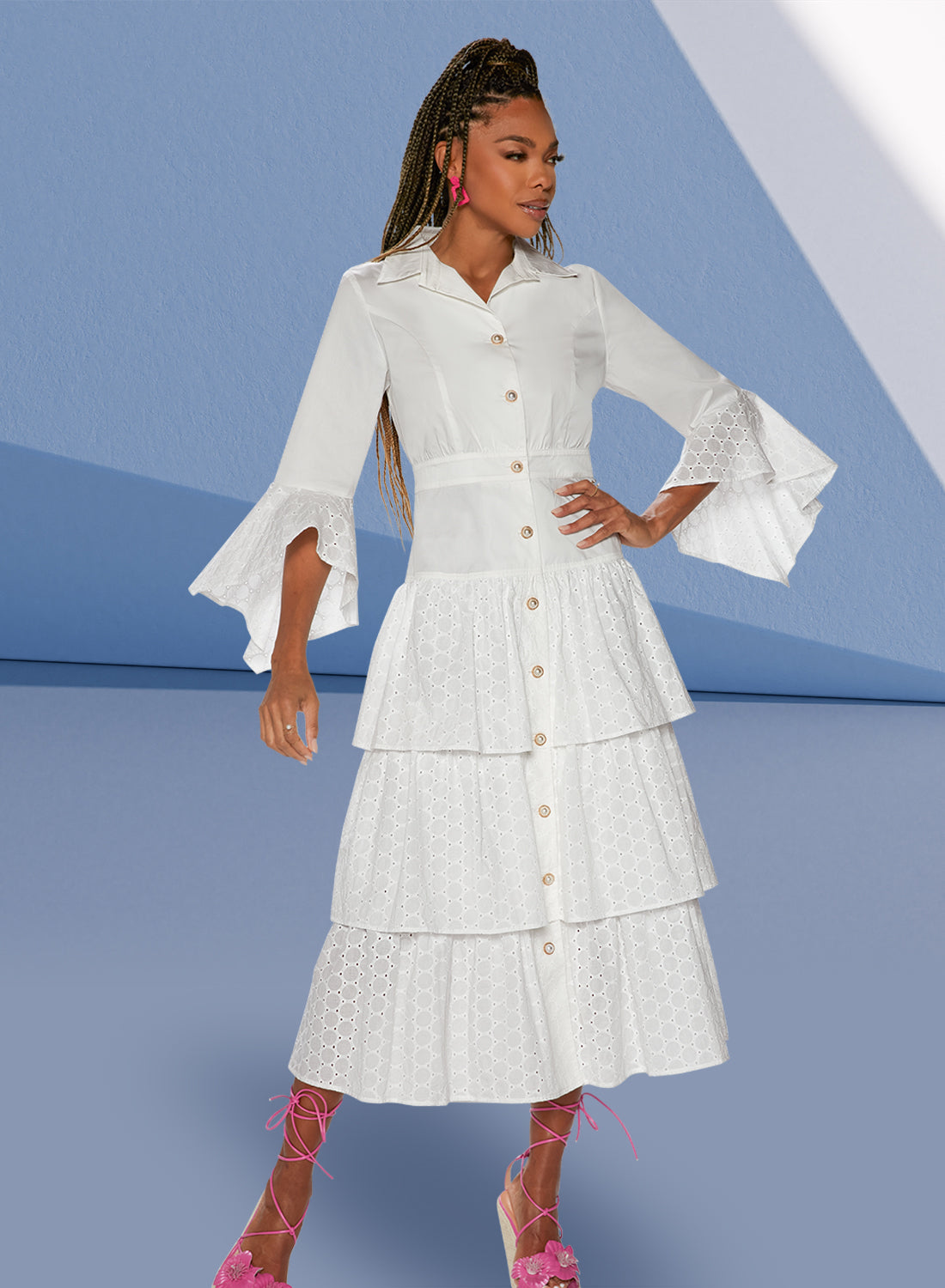 Love the Queen 17528 - White - Button Front Cotton Spandex Fabric with Eyelet Lace Cuffs Dress
